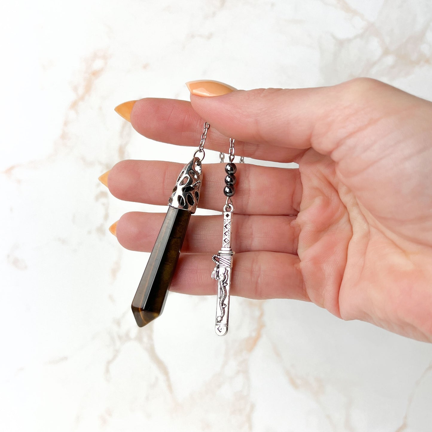 Tiger eye, hematite and tanto dagger pendulum Baguette Magick