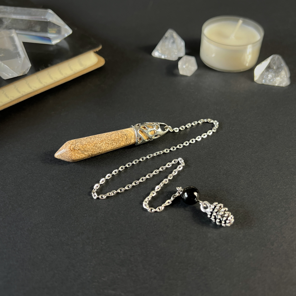 Picture jasper and raw obsidian pinecone pendulum Baguette Magick