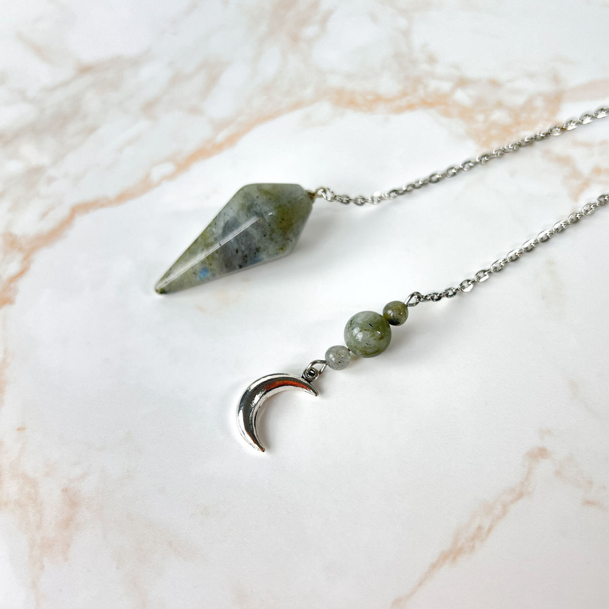Labradorite and Moon crescent divination dowsing pendulum Baguette Magick