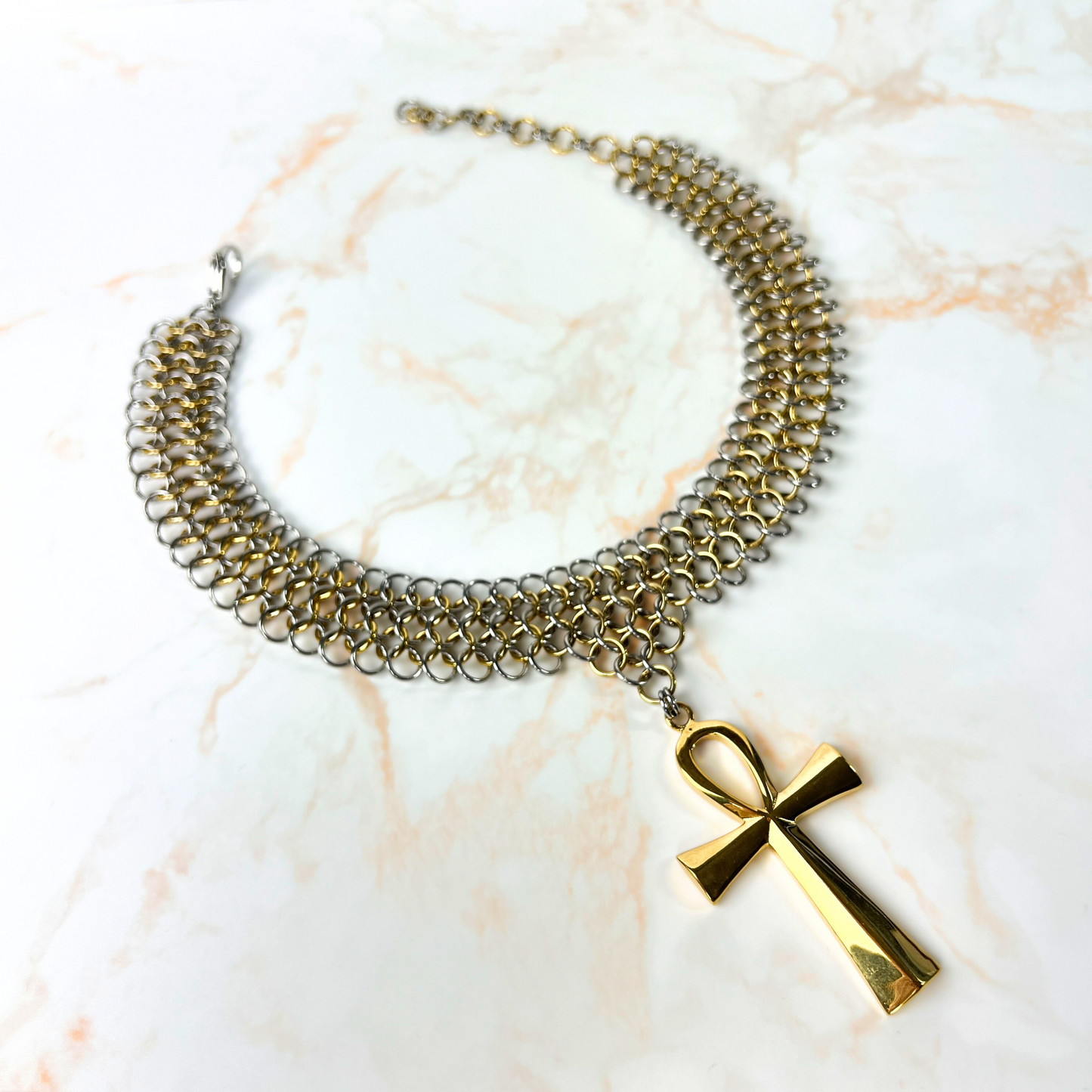 Ankh chainmail bib necklace European 4 in 1 necklace, silver and gold tones Baguette Magick