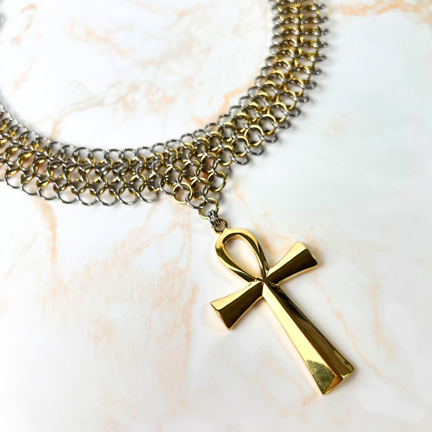 Ankh chainmail bib necklace European 4 in 1 necklace, silver and gold tones Baguette Magick