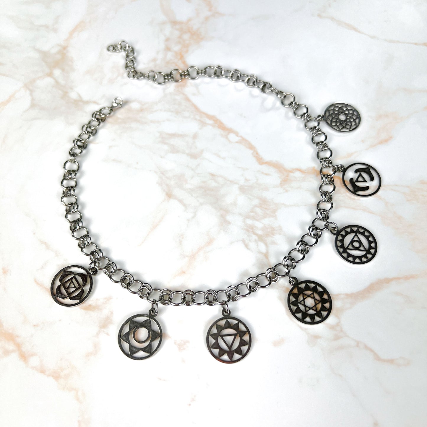 Chakra charms chainmail choker necklace, made of stainless steel Baguette Magick