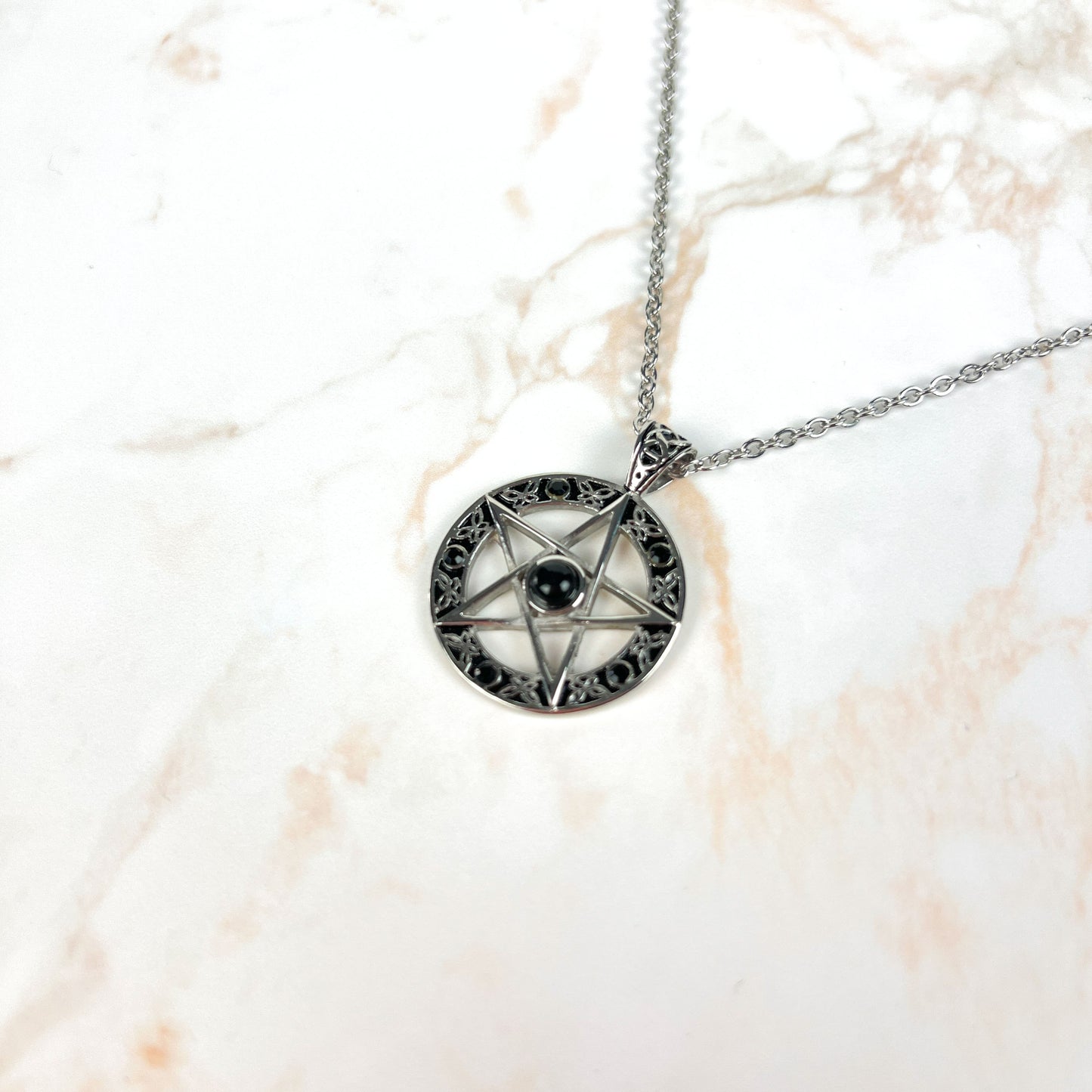 Stainless steel pentacle with black beads witchcraft necklace Baguette Magick