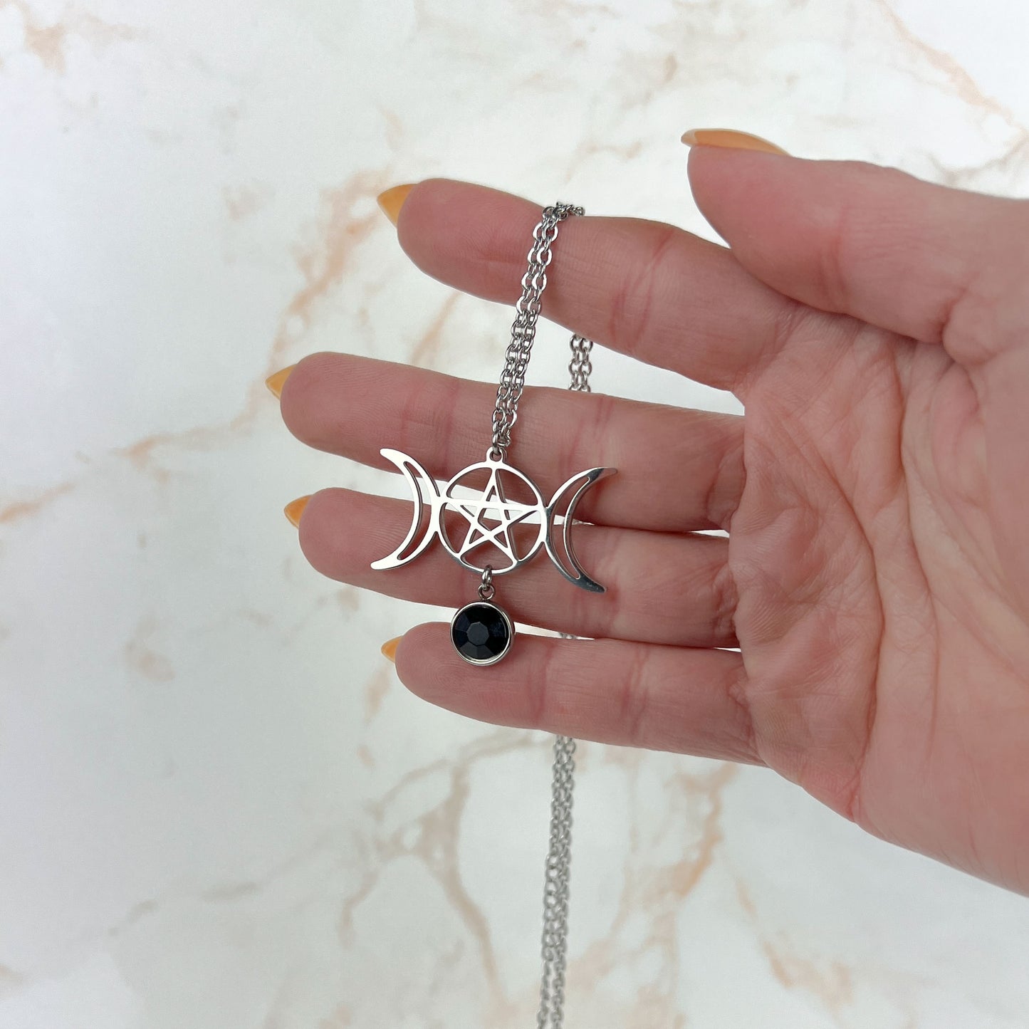 Triple moon and pentacle necklace wiccan jewelry made of stainless steel Baguette Magick
