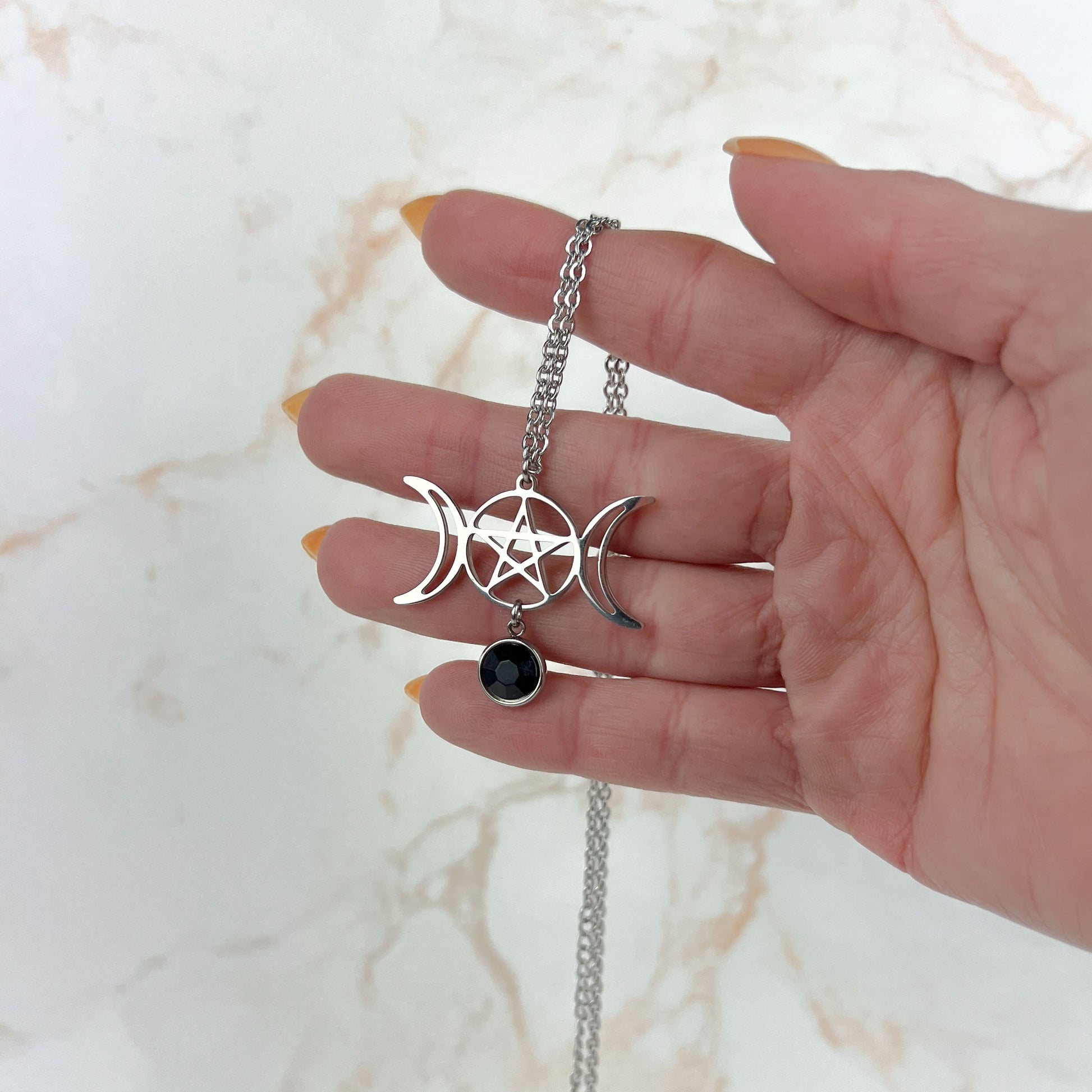 Triple moon and pentacle necklace wiccan jewelry made of stainless steel Baguette Magick