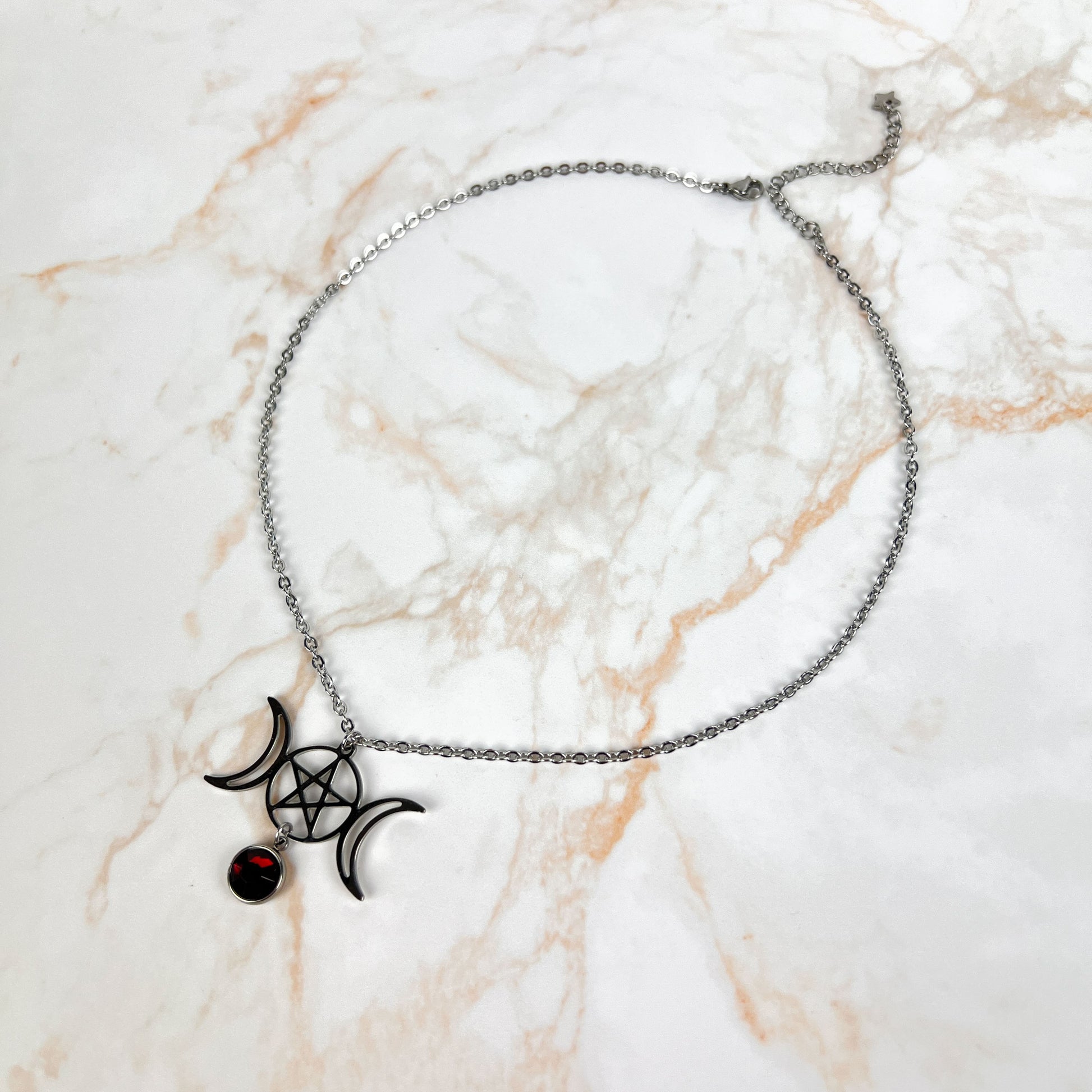 Triple moon and pentacle necklace wiccan jewelry made of stainless steel Baguette Magick