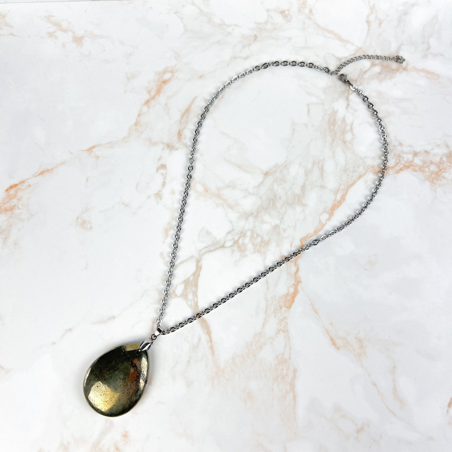 Teardrop Iron Pyrite gemstone and stainless steel necklace Baguette Magick