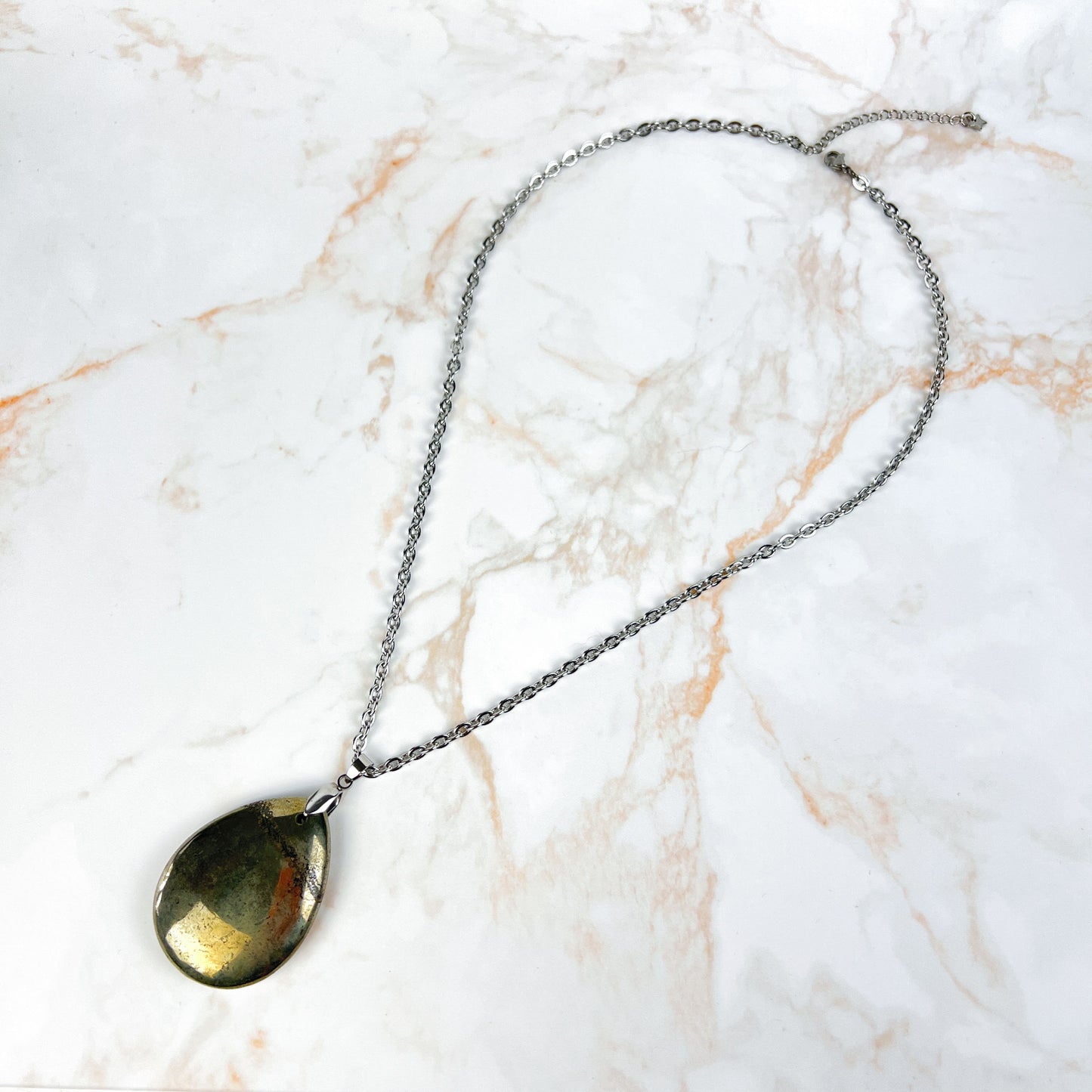 Teardrop Iron Pyrite gemstone and stainless steel necklace Baguette Magick