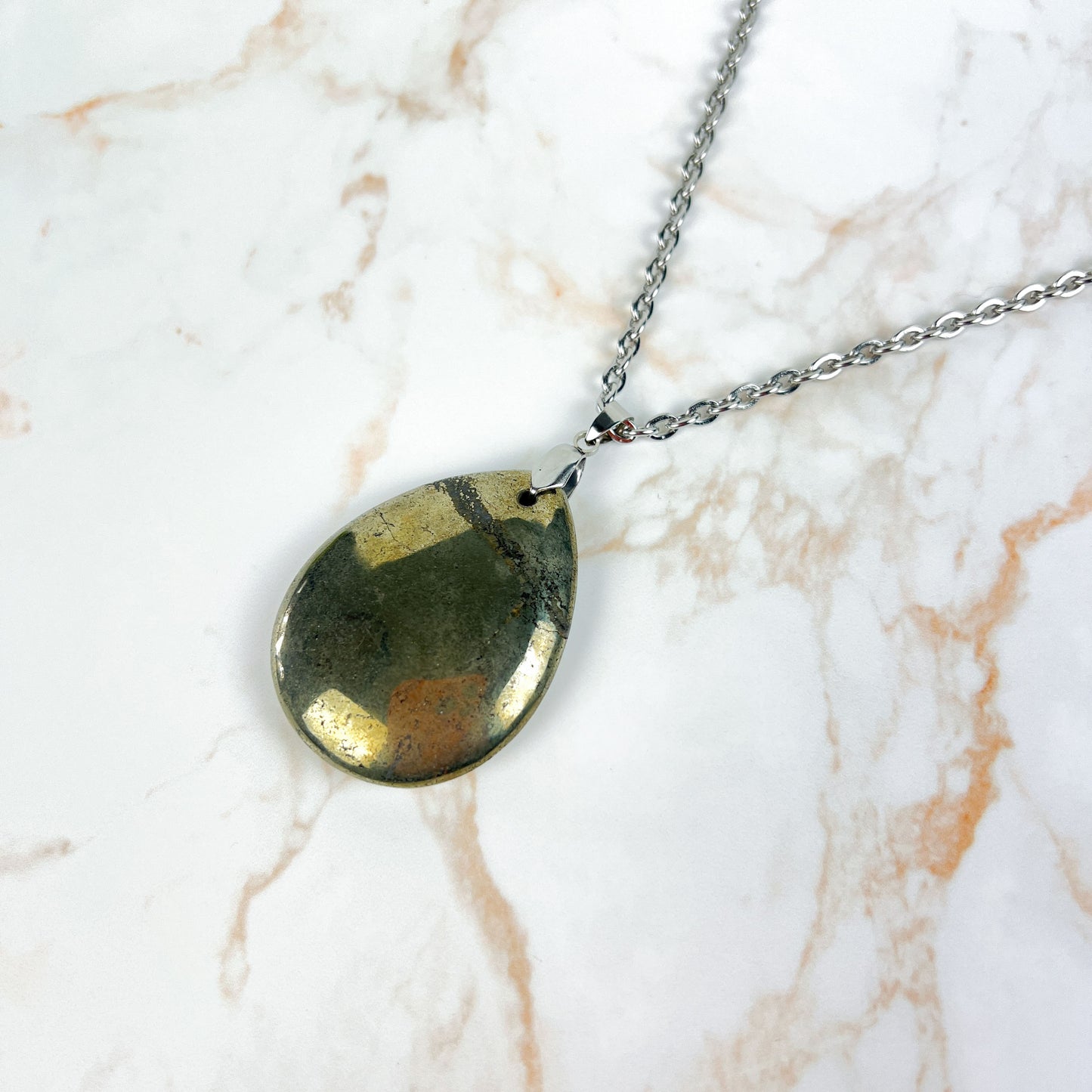Teardrop Iron Pyrite gemstone and stainless steel necklace Baguette Magick