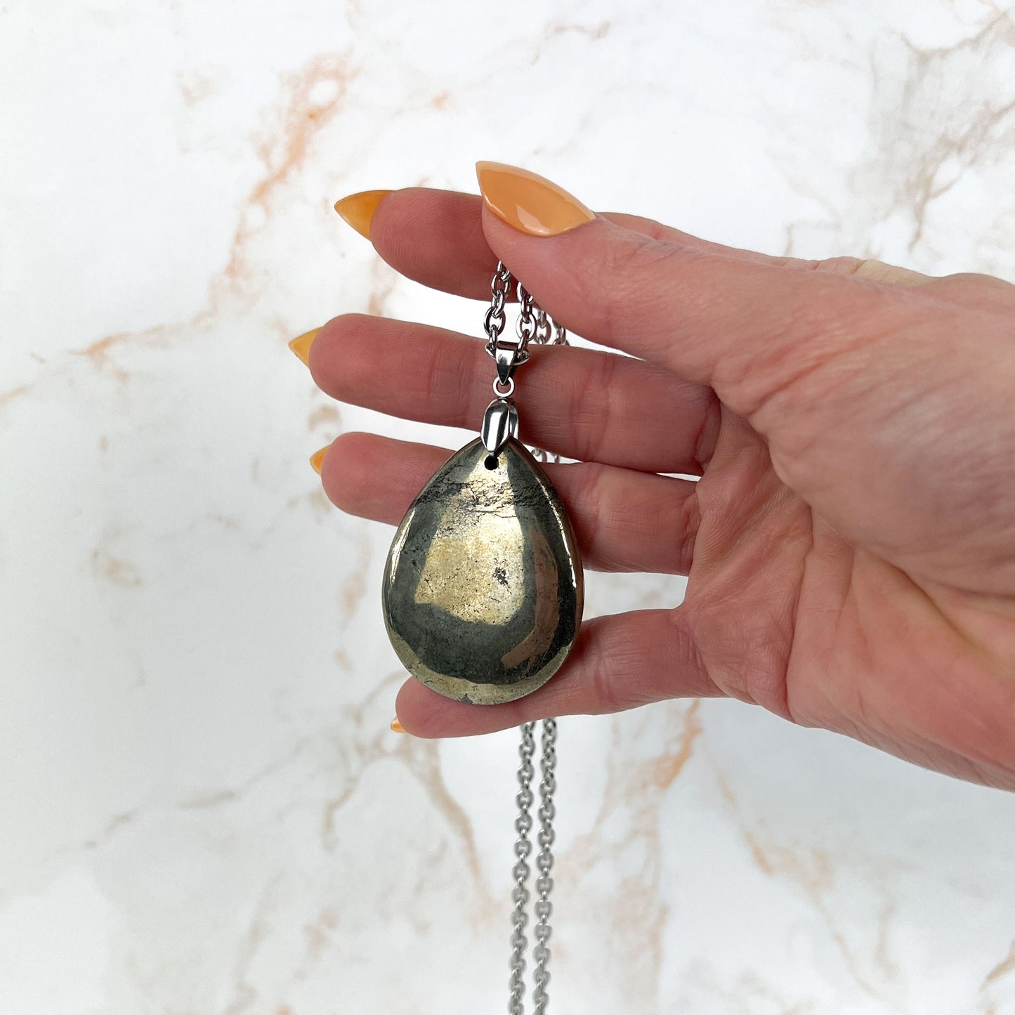 Teardrop Iron Pyrite gemstone and stainless steel necklace Baguette Magick