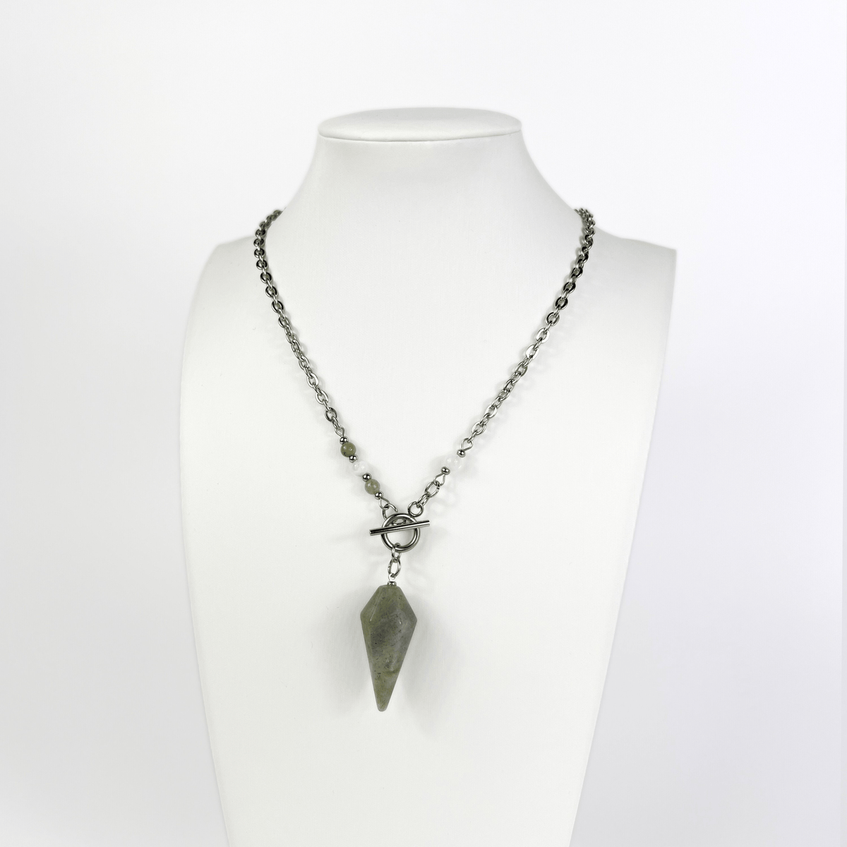Collier pendule en labradorite et pierre de lune, fermoir à bascule
