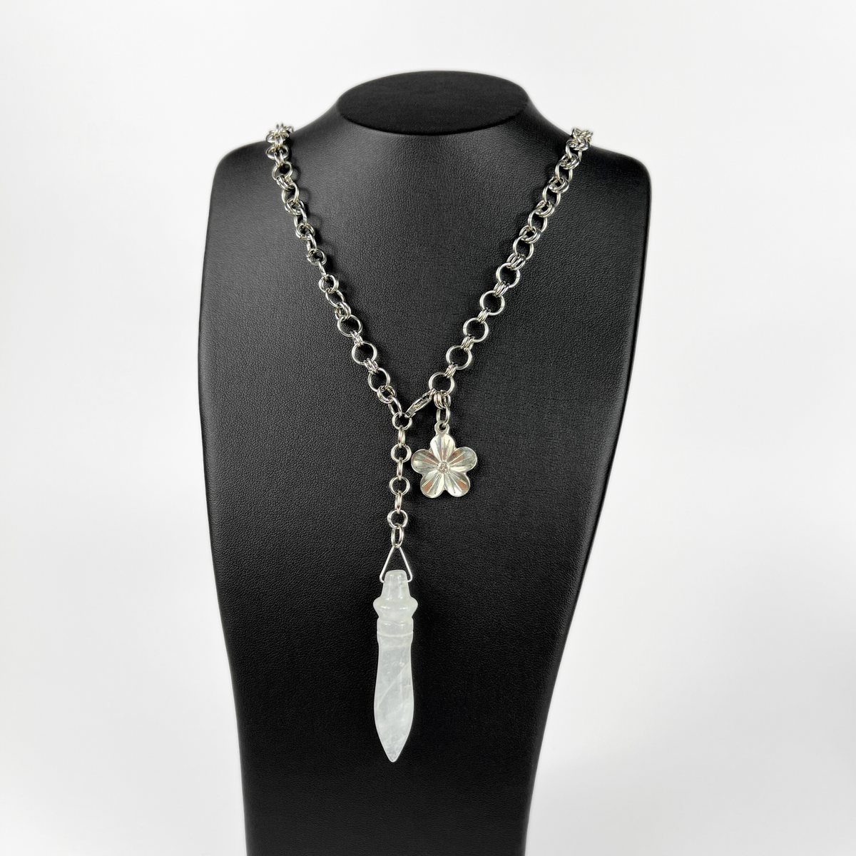 Quartz and flower Thot pendulum necklace, adjustable chain Baguette Magick