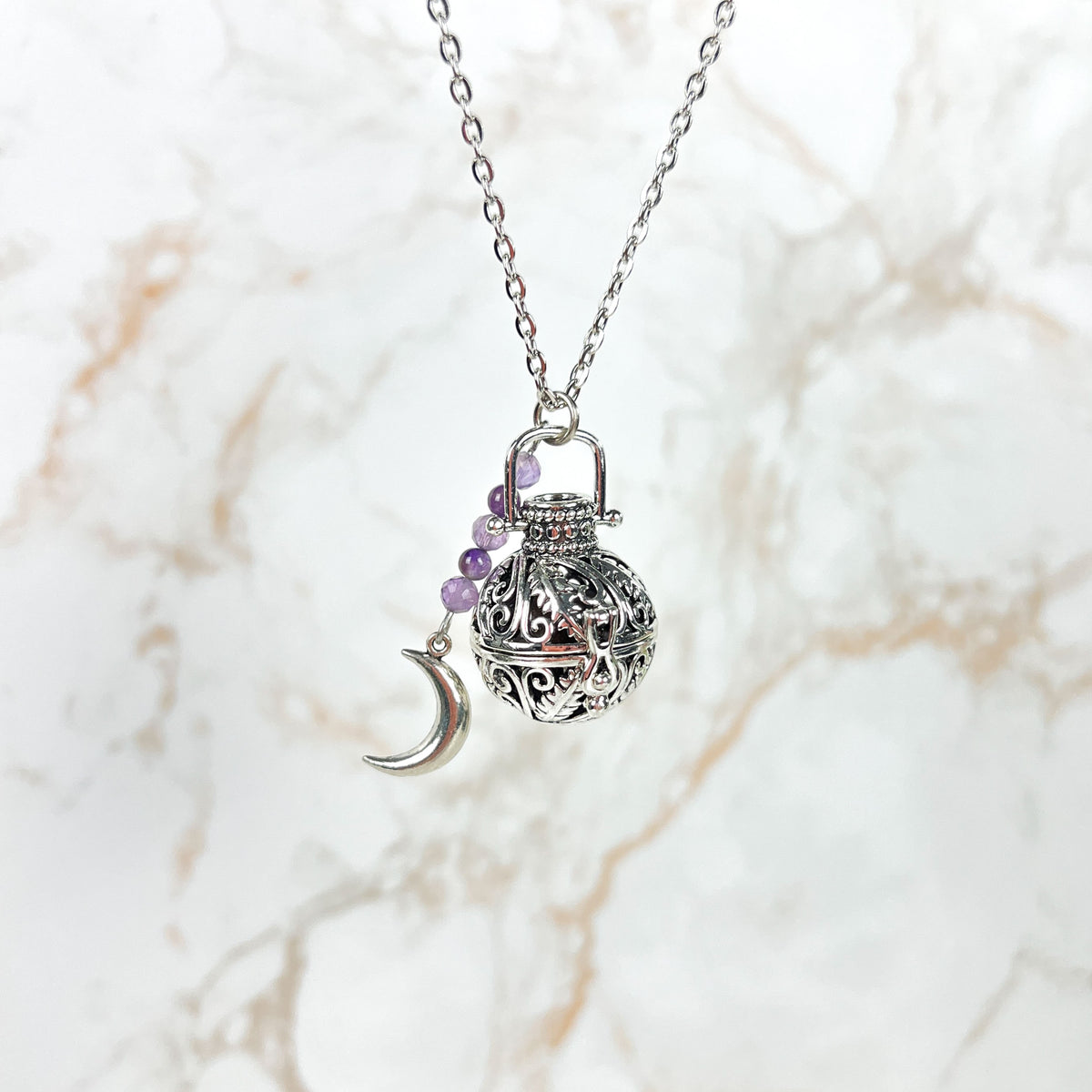 Rococo amethyst locket and Moon crescent necklace Baguette Magick