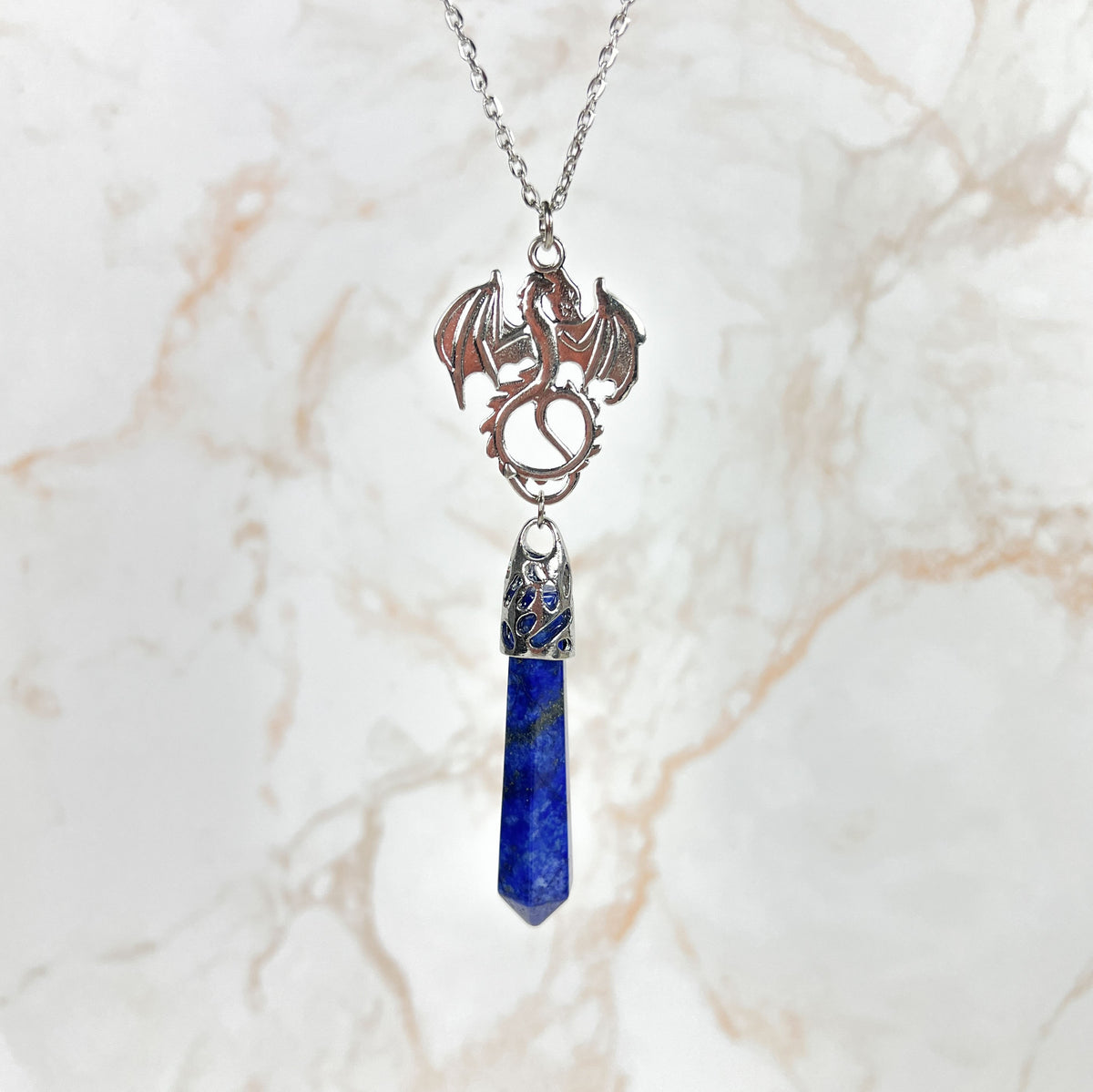 Lapis lazuli and dragon divination pendulum necklace Baguette Magick