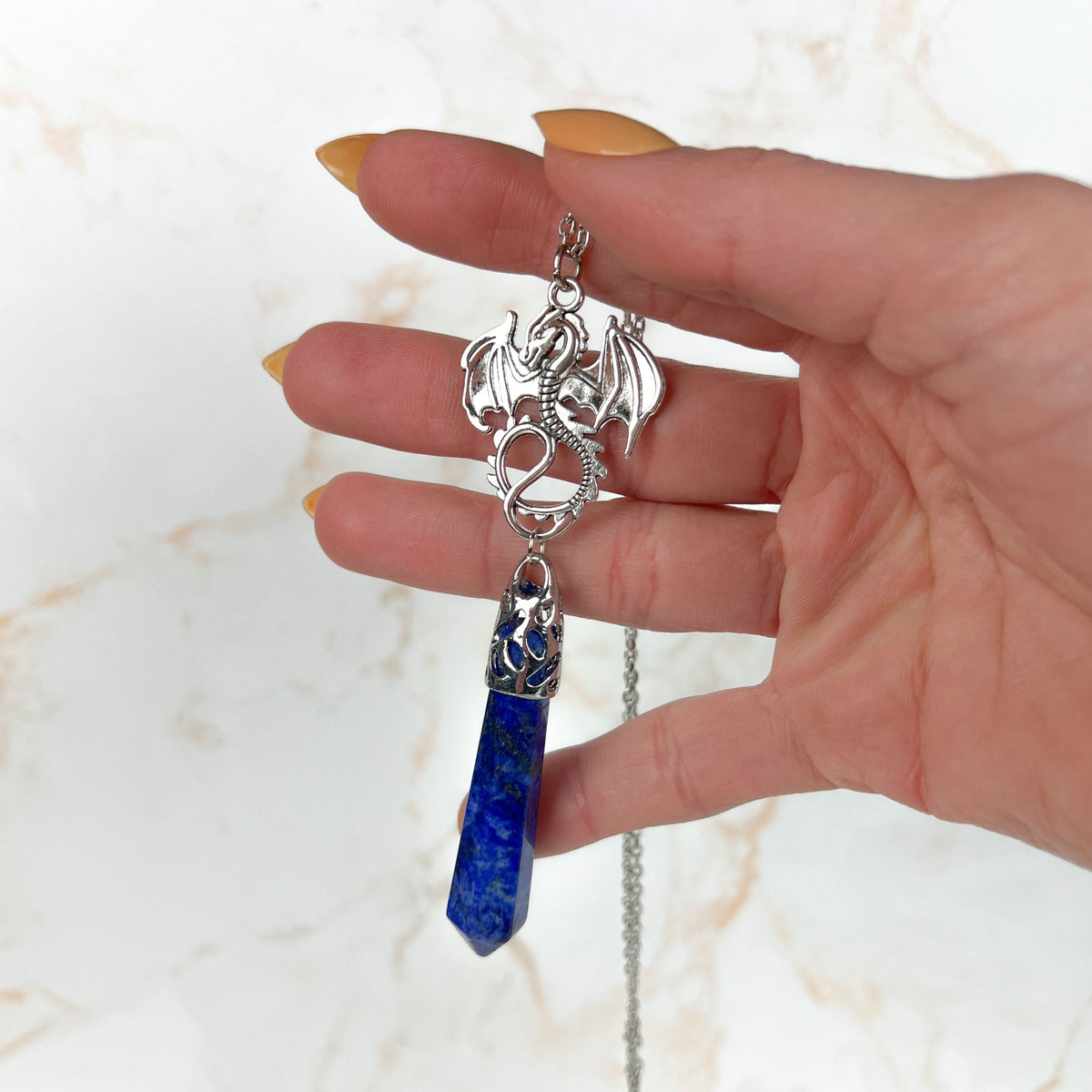 Lapis lazuli and dragon divination pendulum necklace Baguette Magick