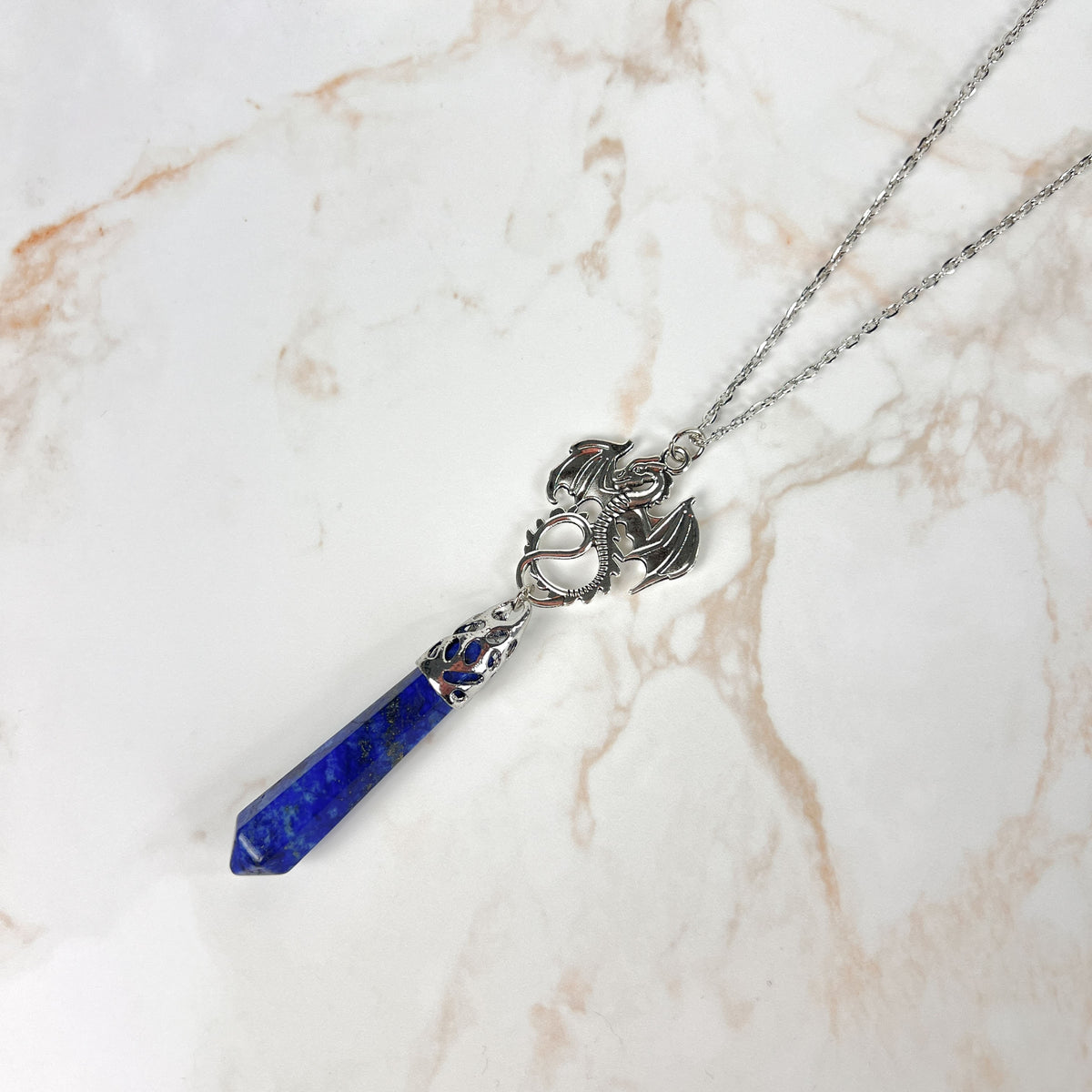 Lapis lazuli and dragon divination pendulum necklace Baguette Magick