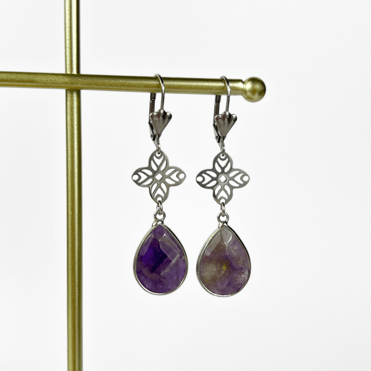 Art deco set gemstone earrings, Amethyst or Labradorite Baguette Magick