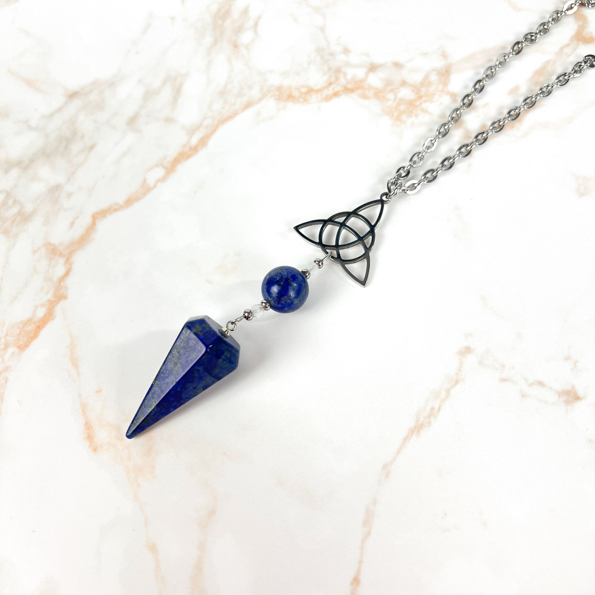 Lapis lazuli, Moonstone and triquetra Celtic knot pendulum necklace, stainless steel Baguette Magick