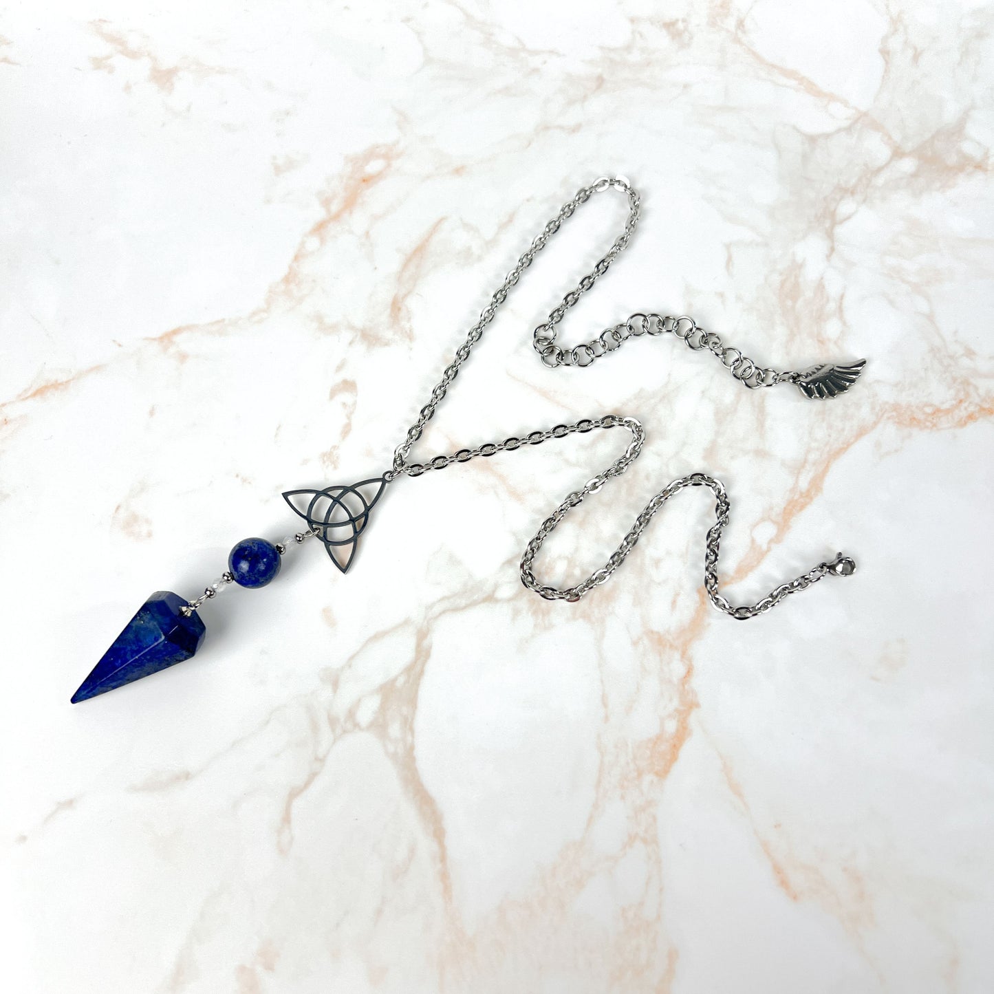 Lapis lazuli, Moonstone and triquetra Celtic knot pendulum necklace, stainless steel Baguette Magick