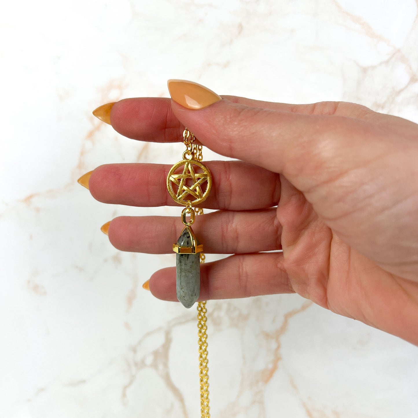 Golden labradorite and pentacle divination pendulum necklace Baguette Magick