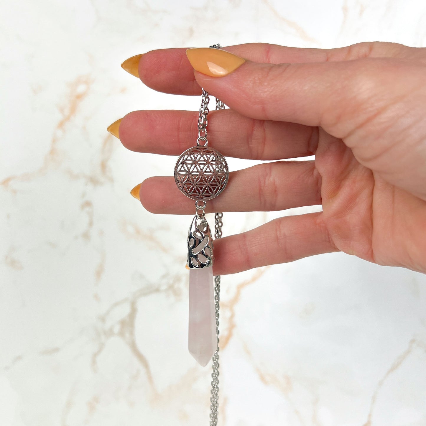 Rose quartz flower of life pendulum necklace Baguette Magick