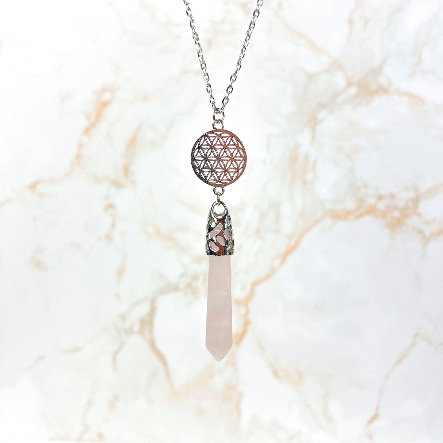 Rose quartz flower of life pendulum necklace Baguette Magick