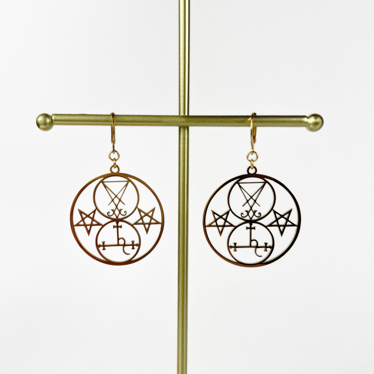 Golden Luciferian earrings, Lilith and Lucifer sigils, inverted pentacle Baguette Magick