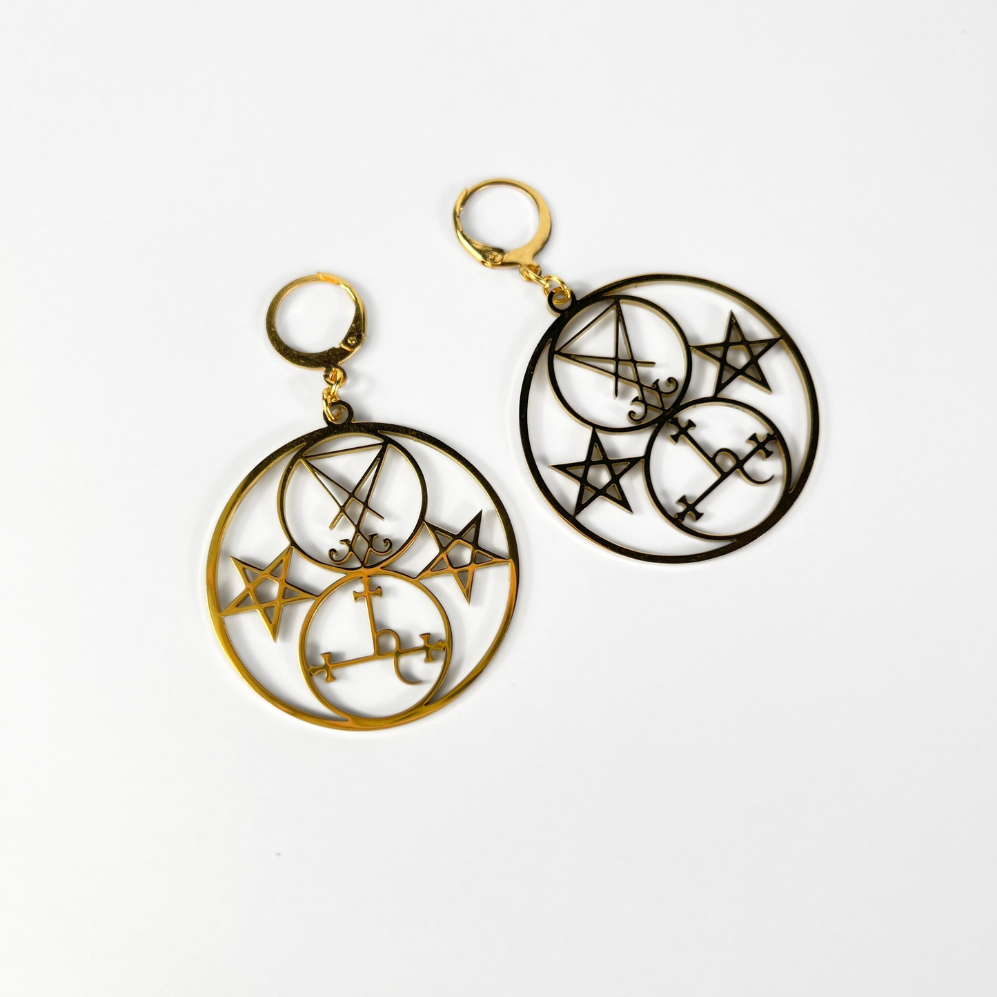 Golden Luciferian earrings, Lilith and Lucifer sigils, inverted pentacle