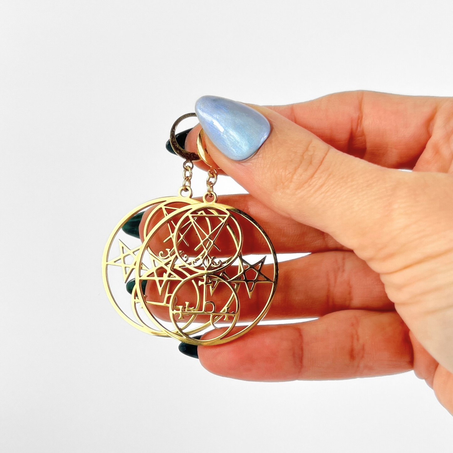Golden Luciferian earrings, Lilith and Lucifer sigils, inverted pentacle