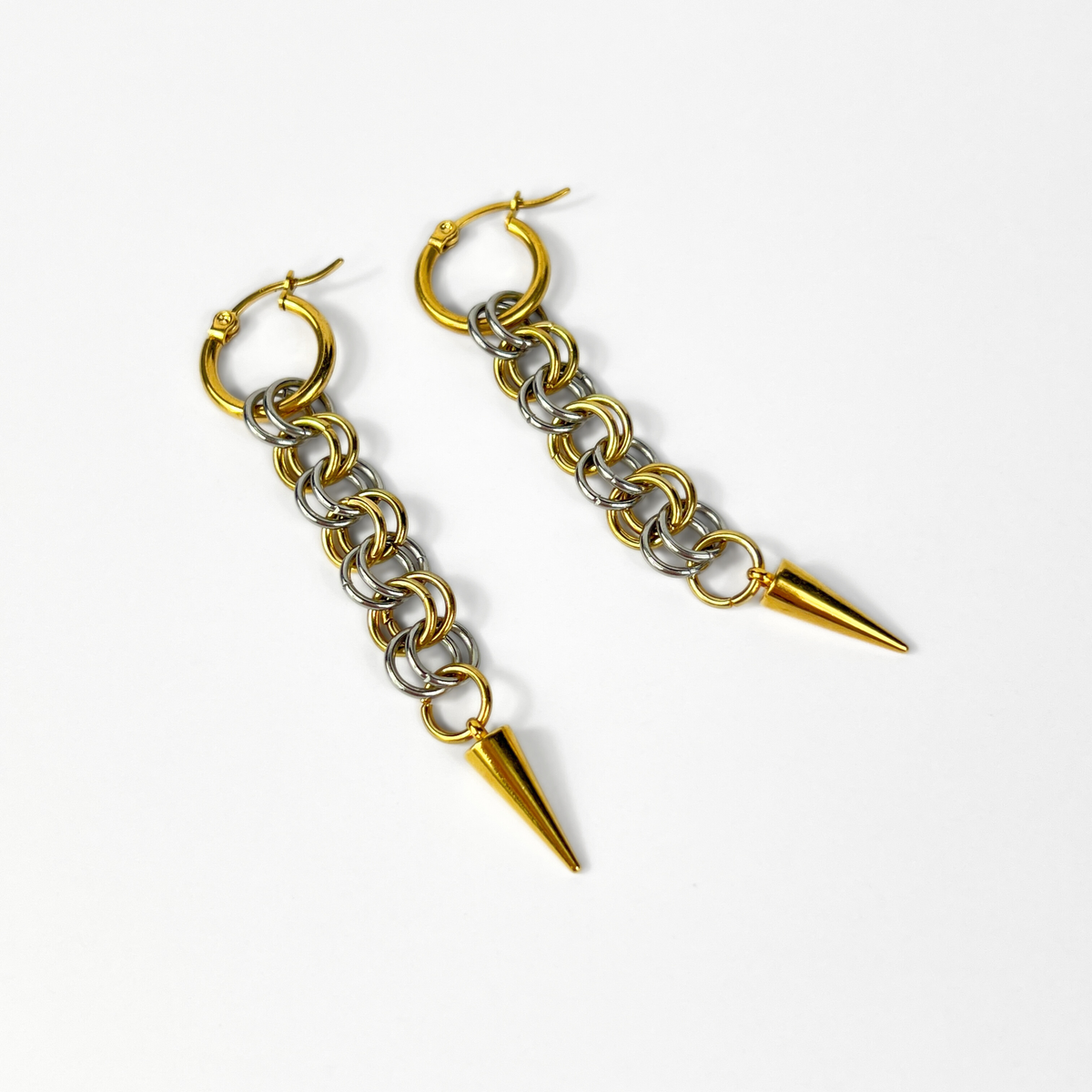 Silver and gold mixed metal chainmail earrings, hoops and spikes Baguette Magick