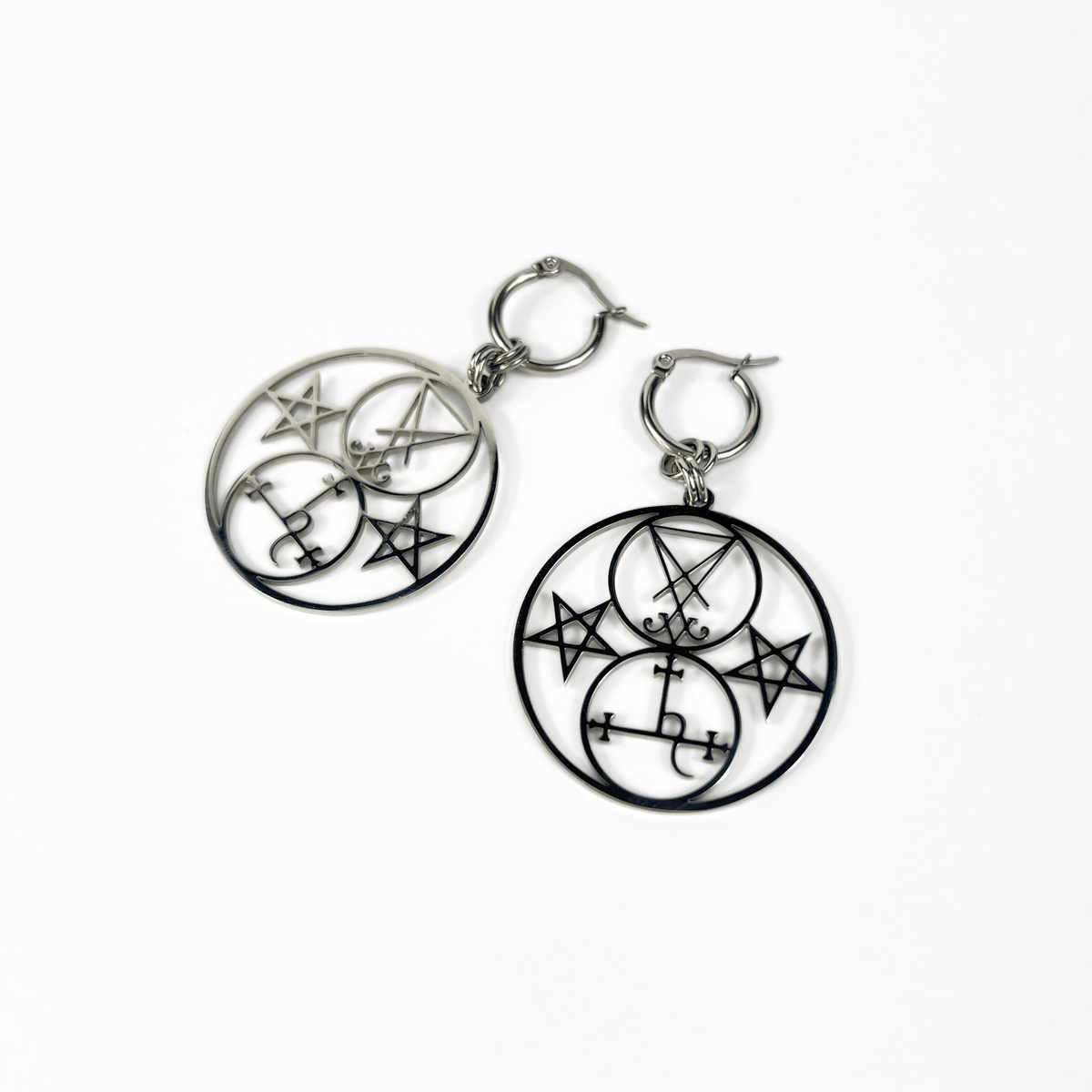 Luciferian earrings, Lilith and Lucifer sigils, inverted pentacle Baguette Magick