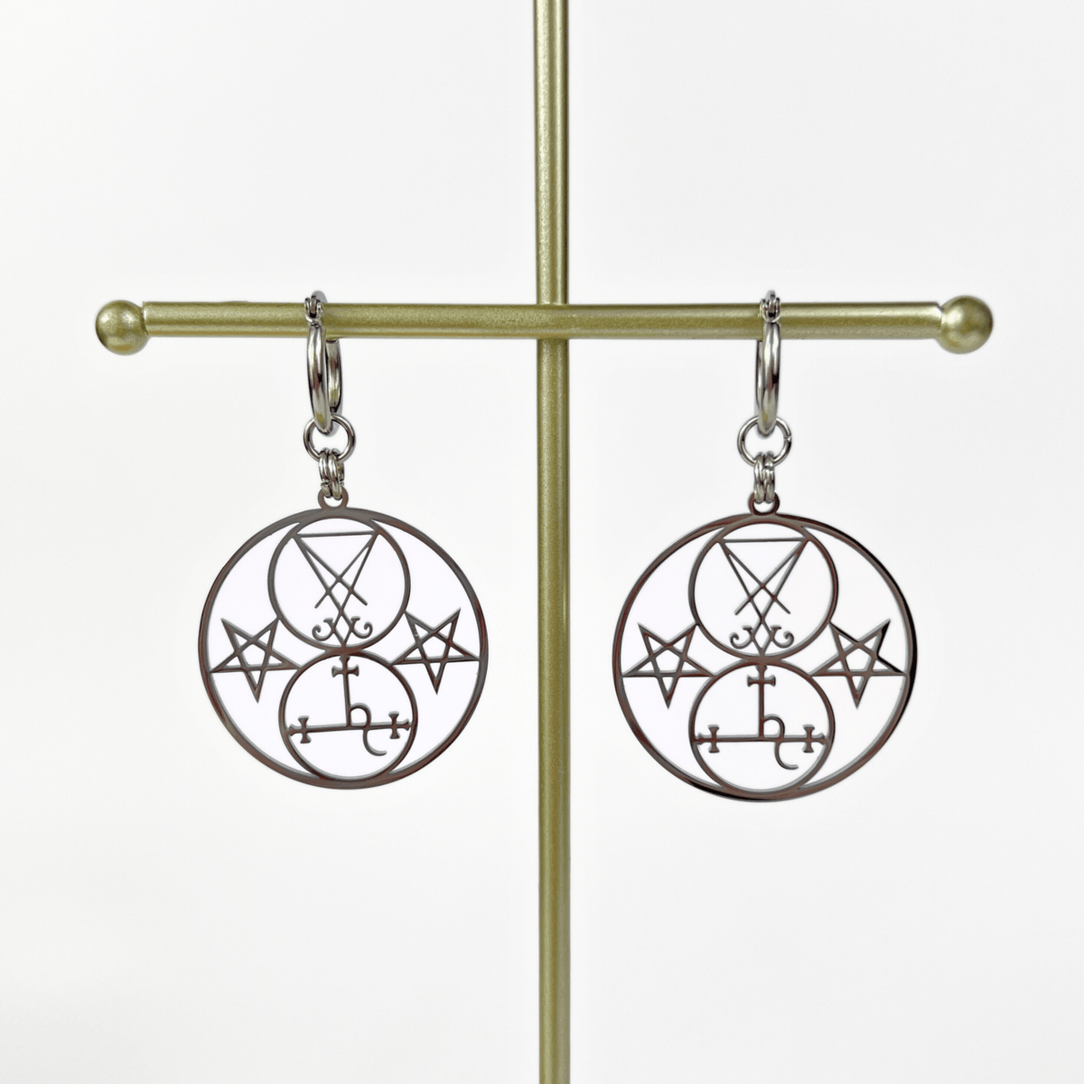 Luciferian earrings, Lilith and Lucifer sigils, inverted pentacle Baguette Magick