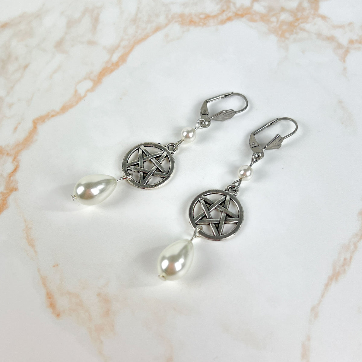 Victorian Edwardian pentacle and pearls teardrop earrings Baguette Magick