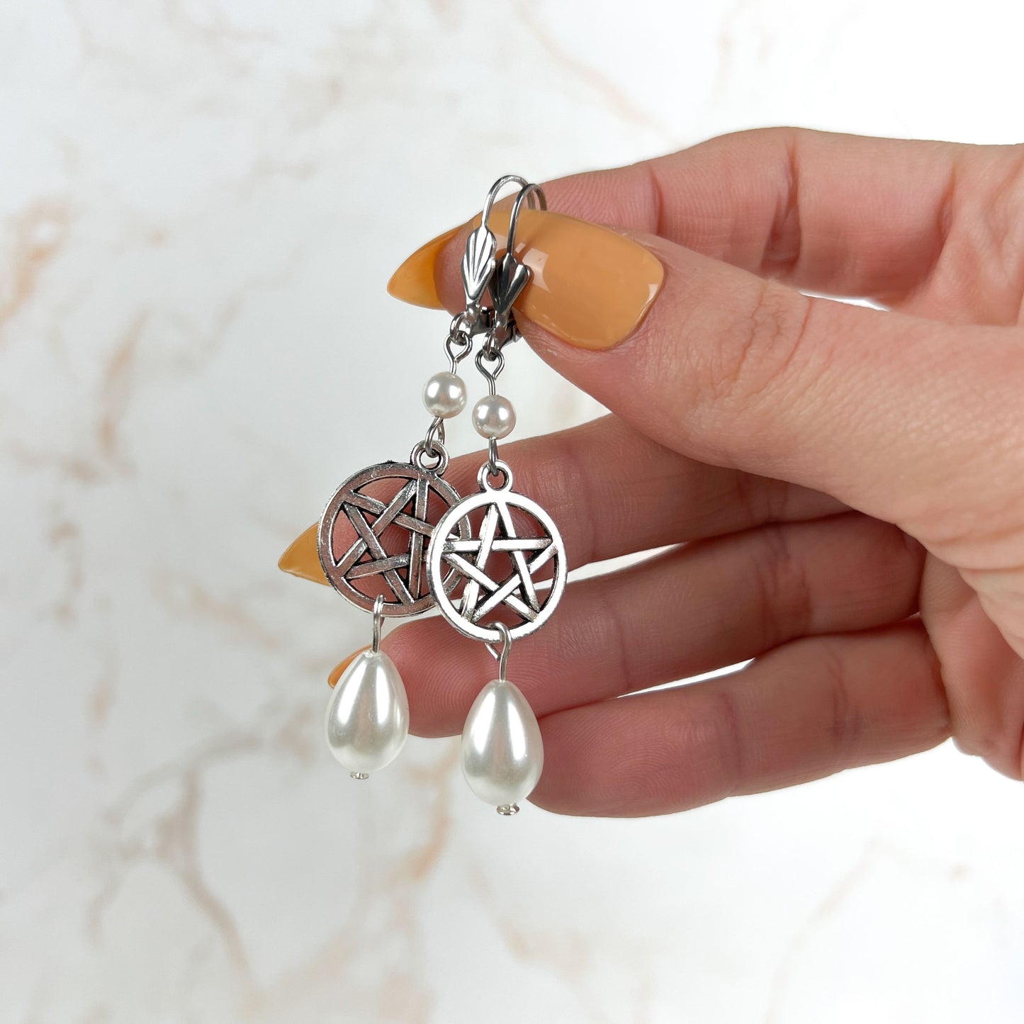 Victorian Edwardian pentacle and pearls teardrop earrings Baguette Magick