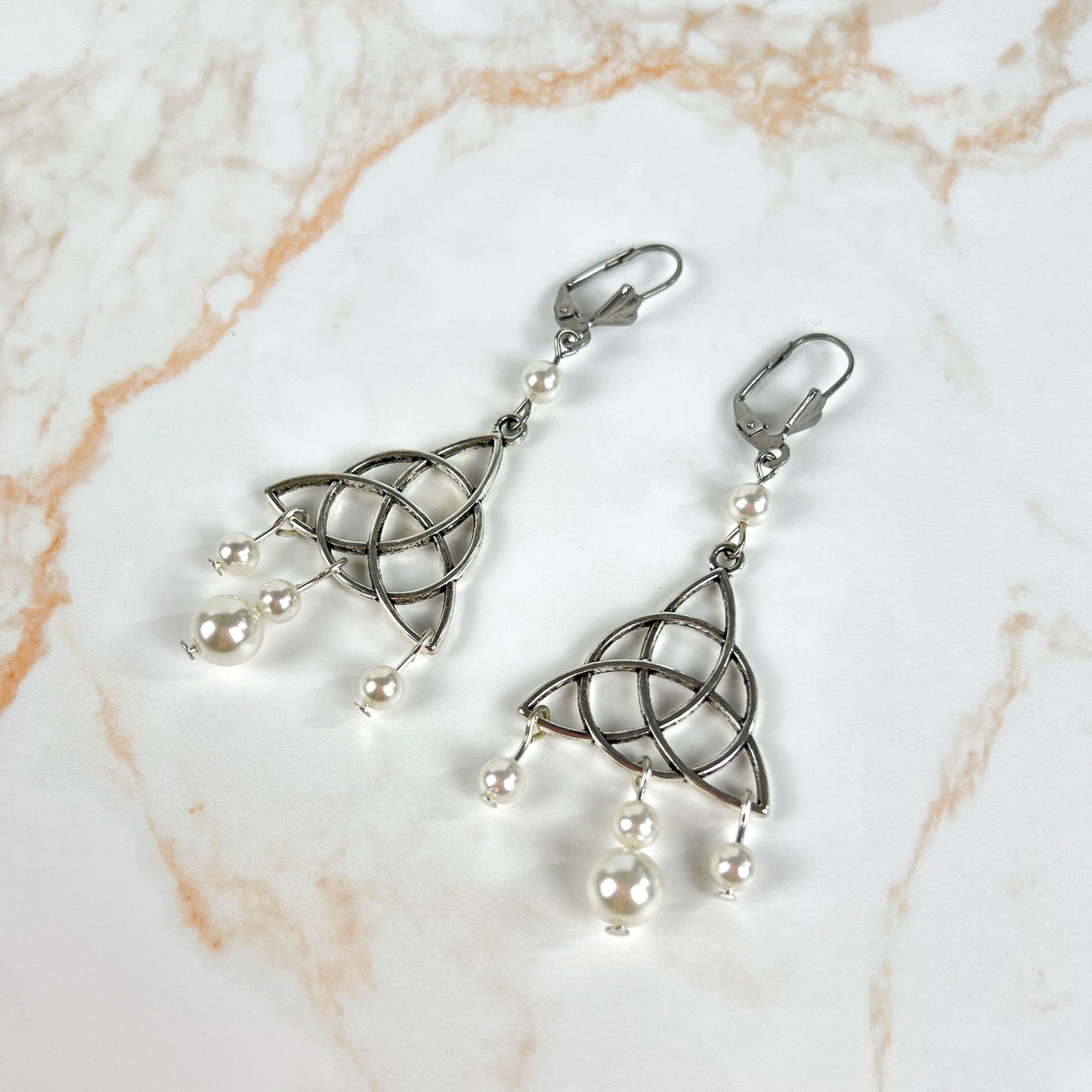 Victorian Edwardian triquetra and pearls teardrop earrings Baguette Magick