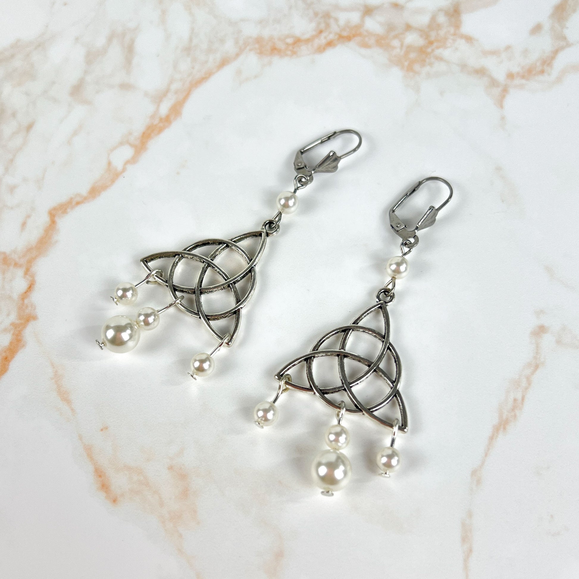 Victorian Edwardian triquetra and pearls teardrop earrings Baguette Magick