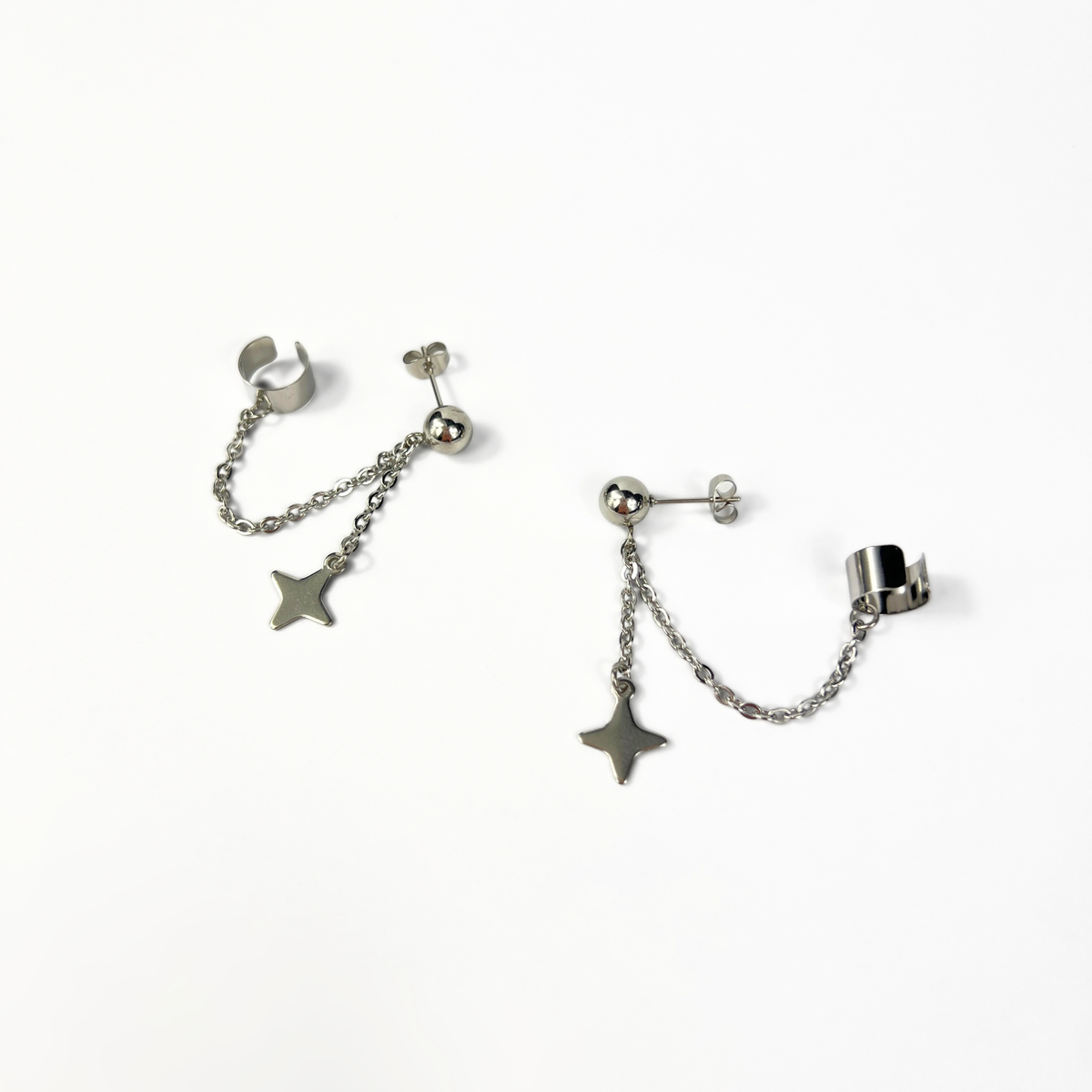 Shuriken star, chain and cuff stud earring, mono or pair Baguette Magick