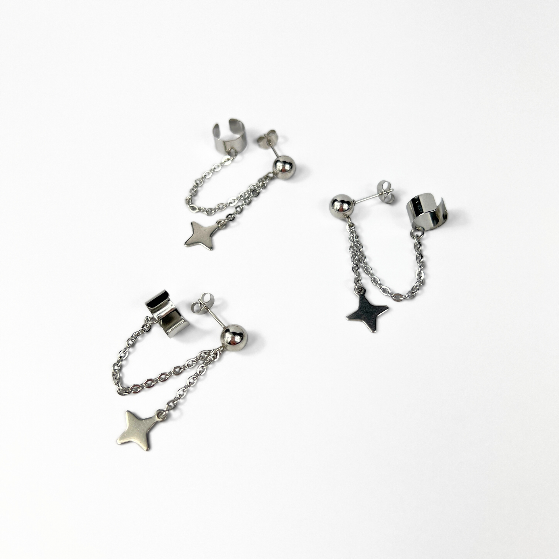 Shuriken star, chain and cuff stud earring, mono or pair Baguette Magick