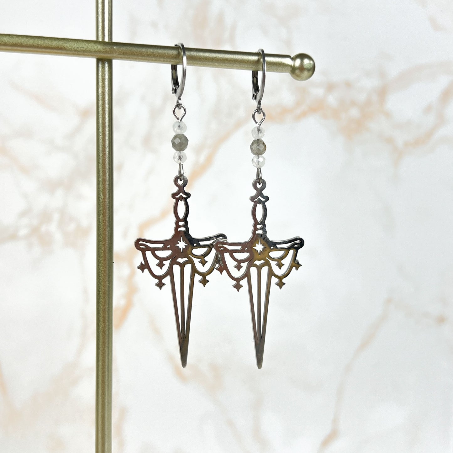 Gemstone sword earrings, stainless steel and faceted beads Baguette Magick