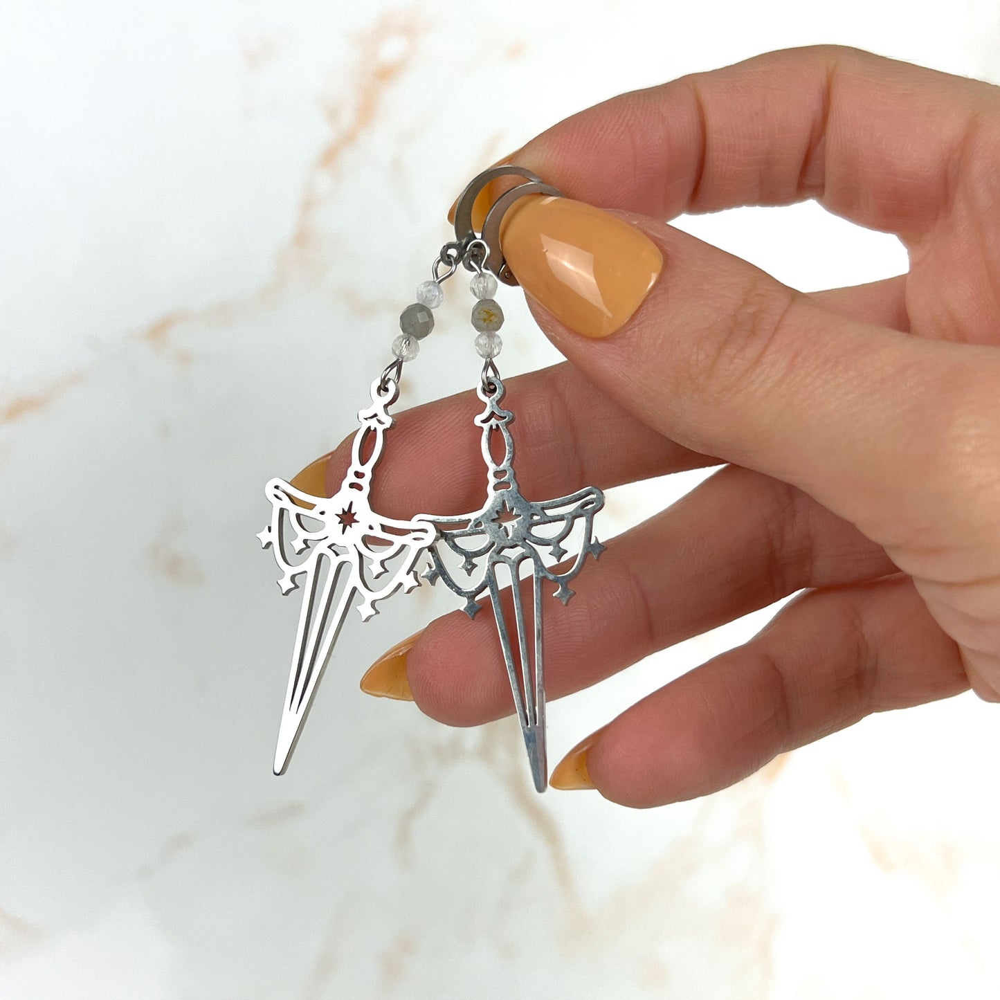 Gemstone sword earrings, stainless steel and faceted beads Baguette Magick