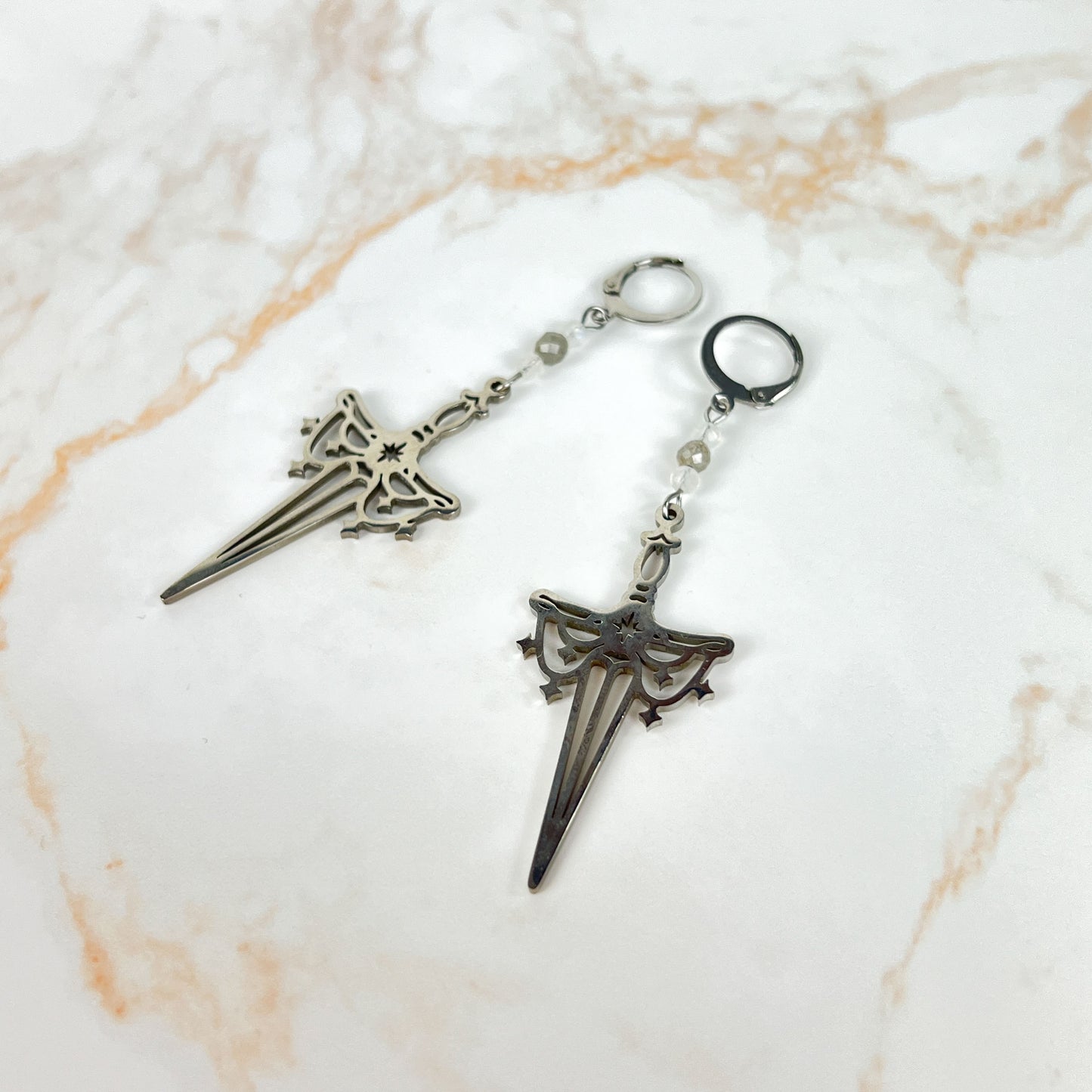 Gemstone sword earrings, stainless steel and faceted beads Baguette Magick