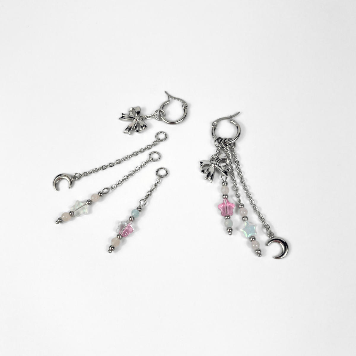 Boucles d'oreilles créoles Mix & Match nœud, lune et étoiles, morganite et quartz rose