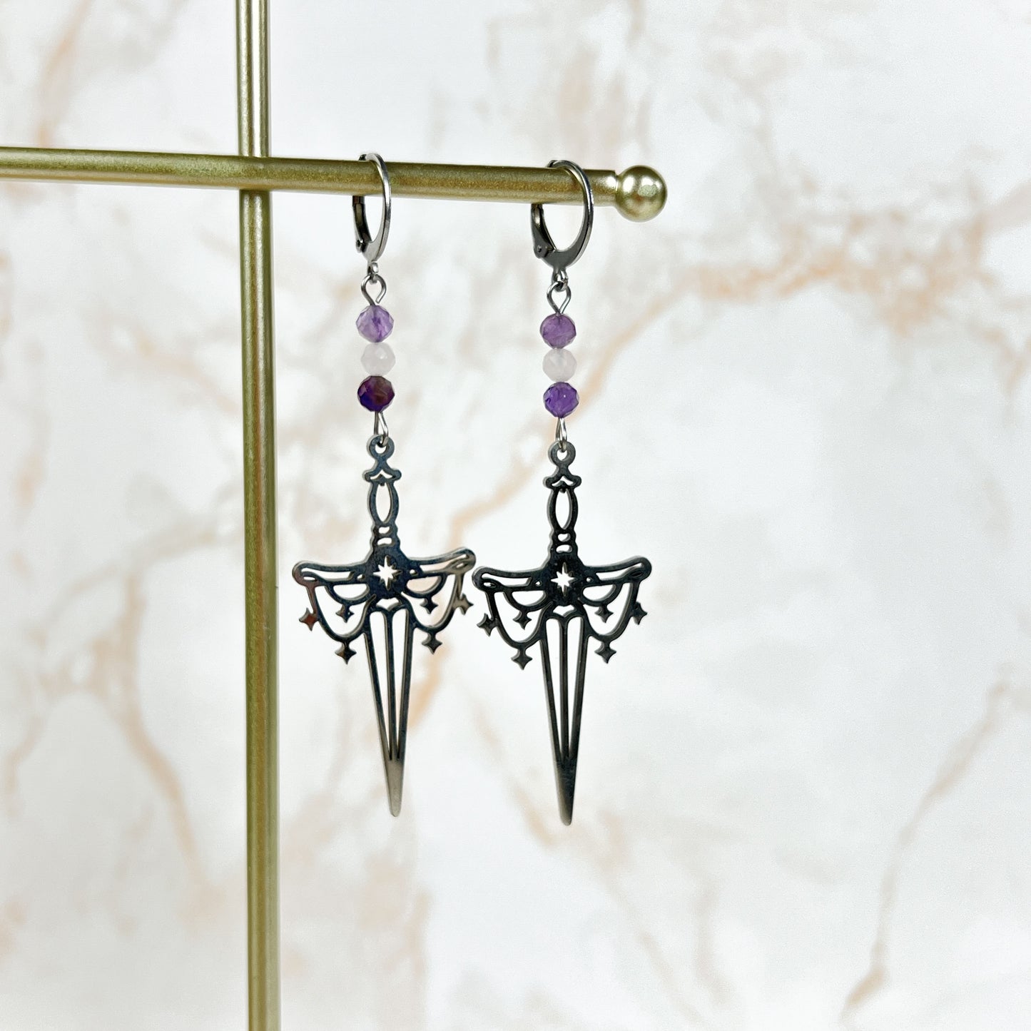Gemstone sword earrings, stainless steel and faceted beads Baguette Magick