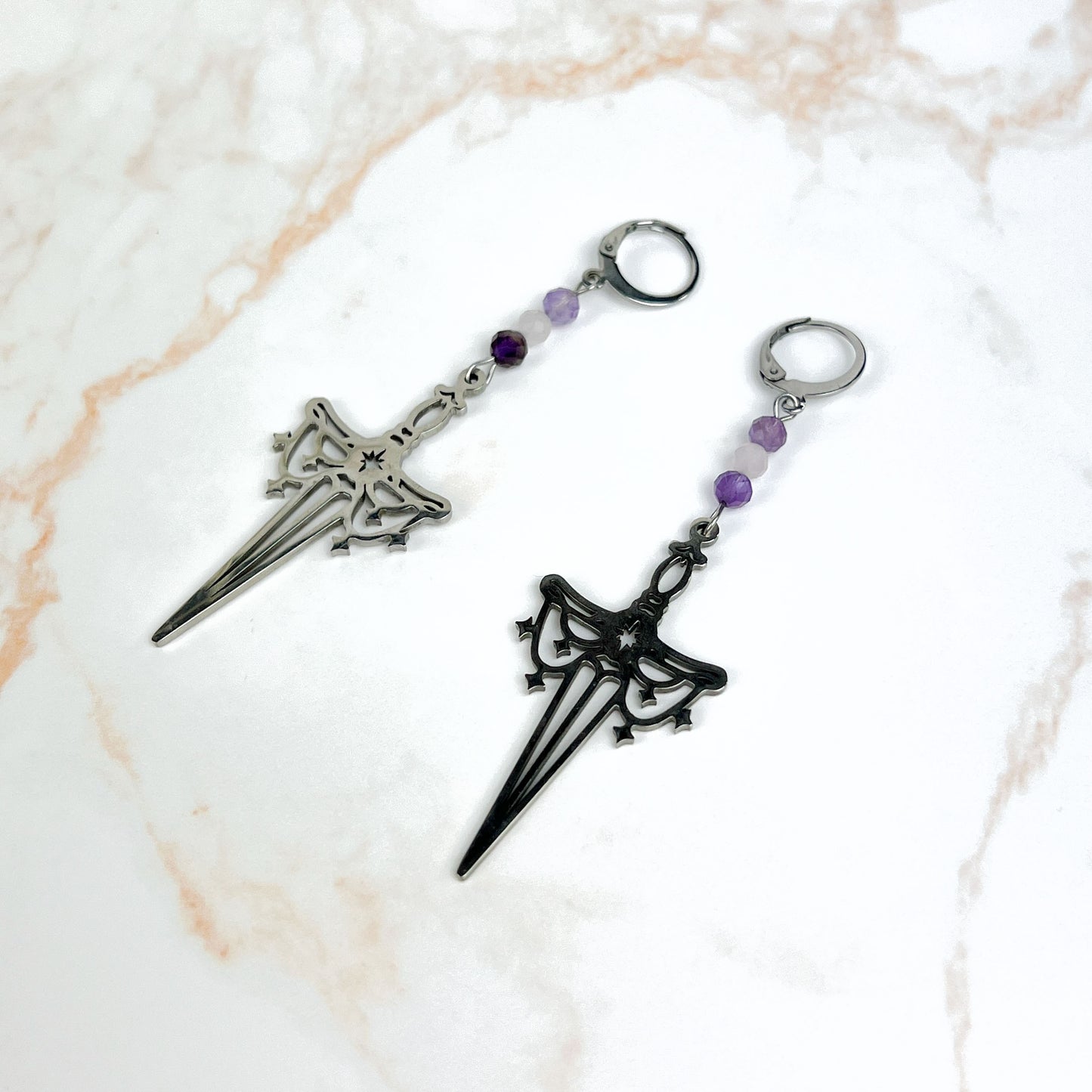 Gemstone sword earrings, stainless steel and faceted beads Baguette Magick