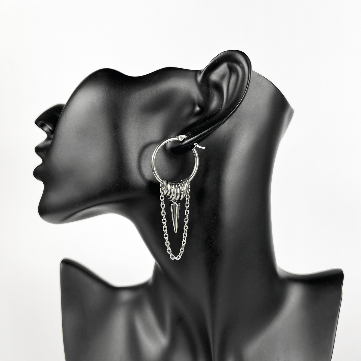 Big hoop earrings with jump rings, spike and chain, industrial style Baguette Magick