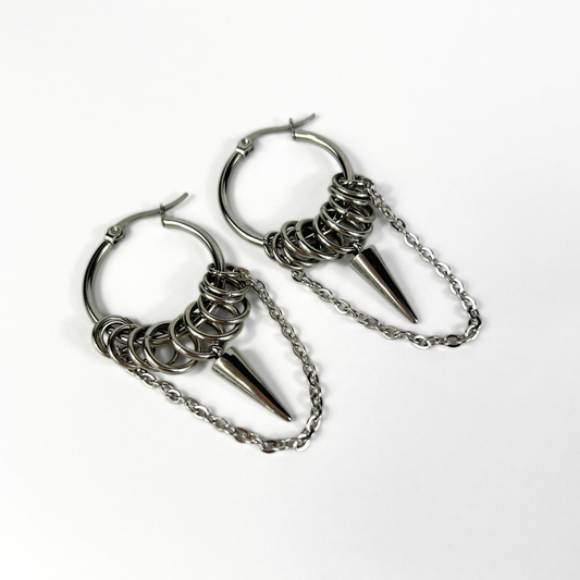 Big hoop earrings with jump rings, spike and chain, industrial style