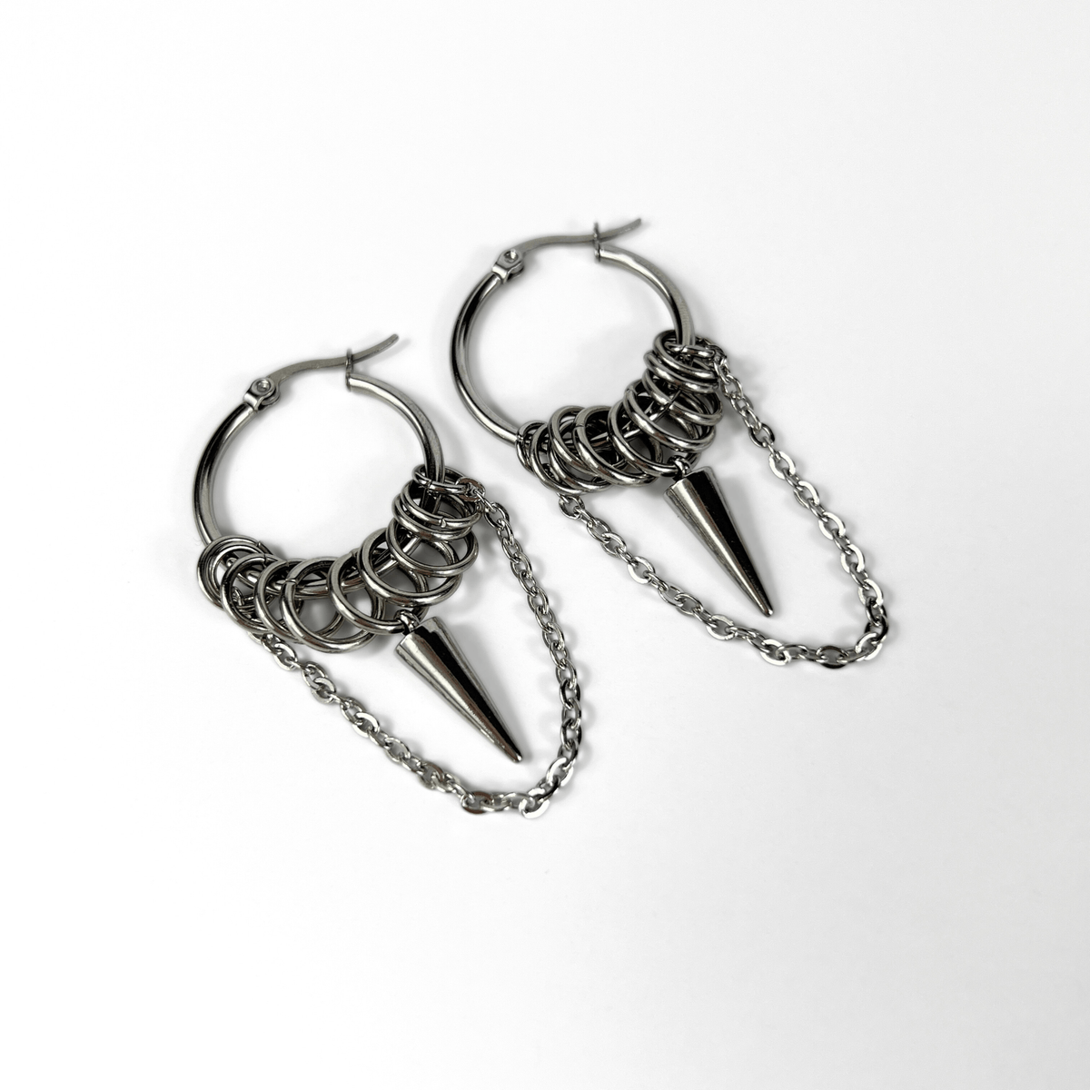 Big hoop earrings with jump rings, spike and chain, industrial style Baguette Magick