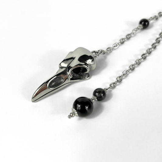 Raven skull and obsidian dowsing pendulum, stainless steel