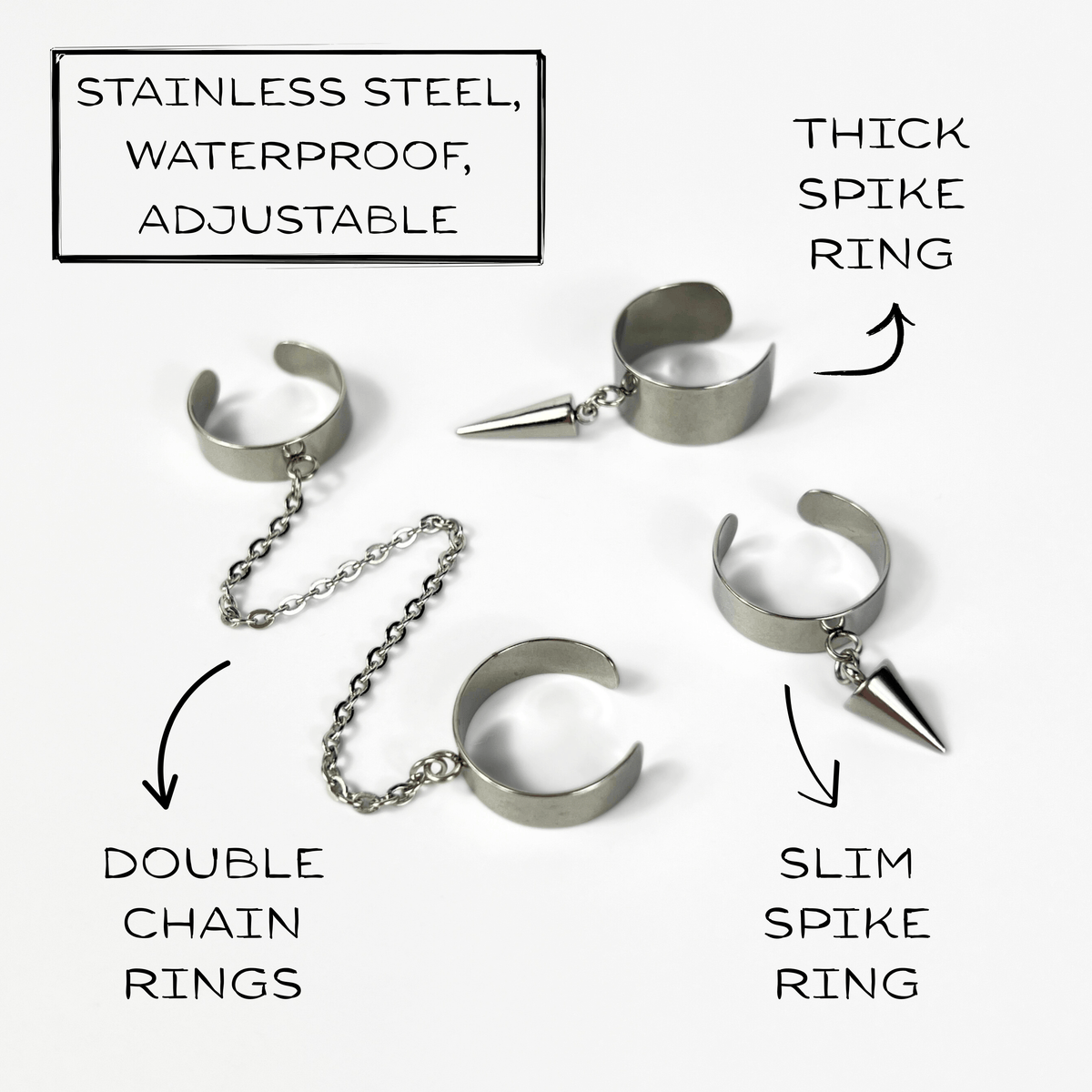 Sleek spikes or chain rings, polished stainless steel avant-garde jewelry Baguette Magick