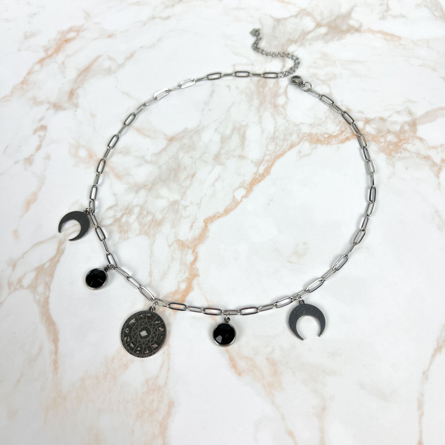 Zodiac wheel paper clip chain choker, stainless steel and black rhinestones Baguette Magick